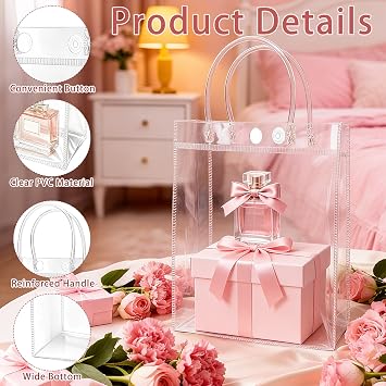 Zmpkhba 40 Pack Clear Plastic Gift Bags with Handles, 8.9 x 6.7 x 2.6 Inches Reusable PVC Party Favor Bags, Transparent Shopping Bags Bulk for Merchandise, Retail, Boutique, Party Favors, Wedding, Birthday