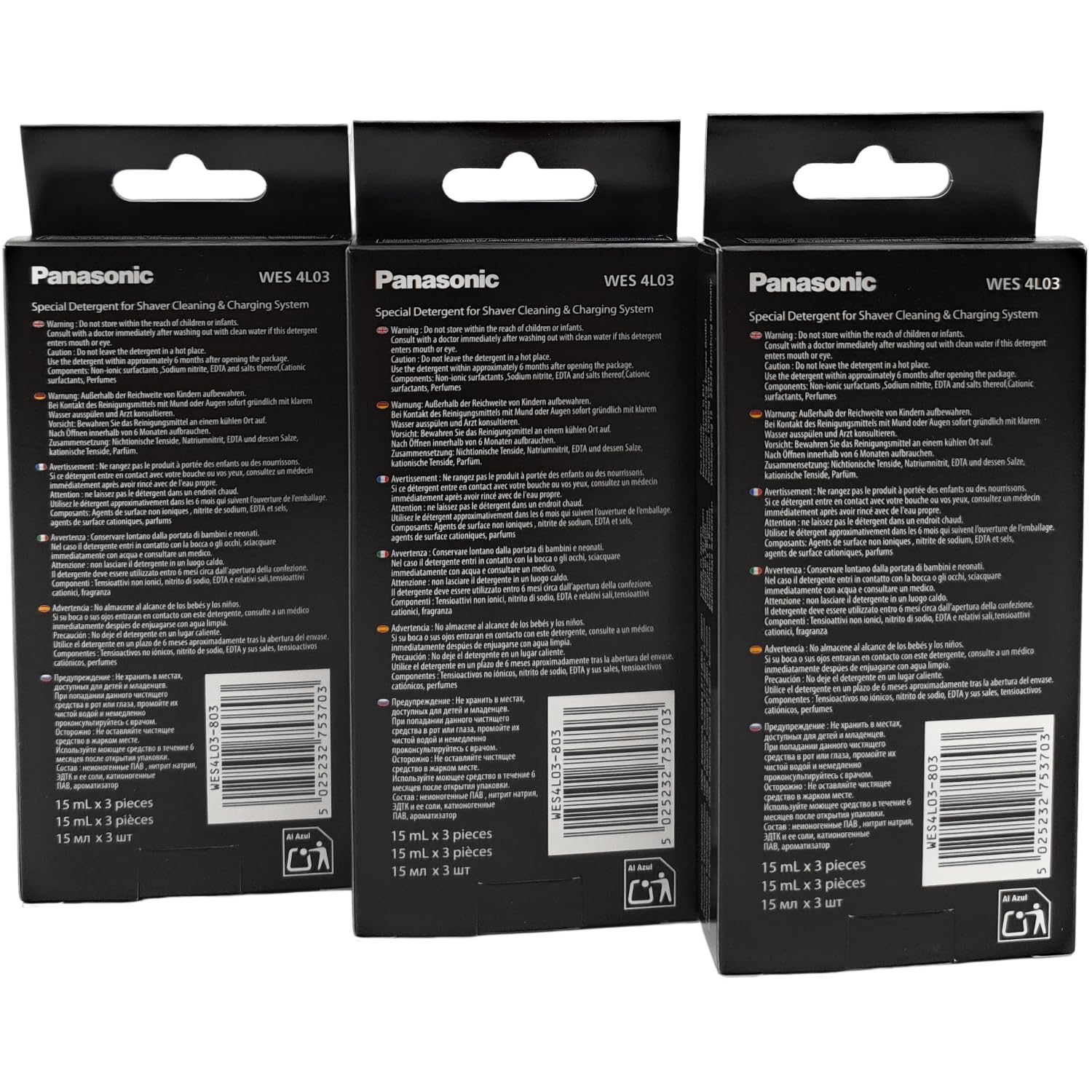 WES4L03-803 Lot de 3 flacons de liquide de nettoyage et de charge compatible avec Panasonic ES-LS9A ES-LV9Q ES-LV9N ES-LV97 ES-LV95 3 x 15 ml (9 sachets) sans système de cartouche