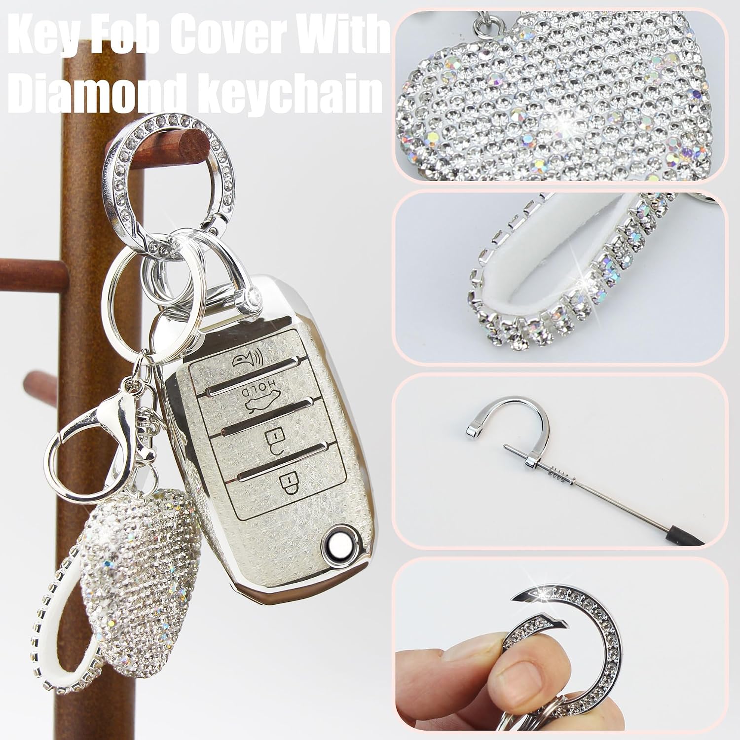 Key Fob Cover with Diamond Keychain Car Key Holder Case Compatible with Kia Rio Optima Soul Sportage Sorento Carens Picanto Flip Keyless Entry Protector for Women, 4 Buttons (Silver-Heart)