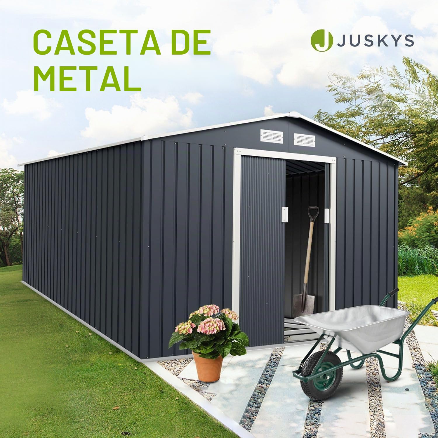 Juskys caseta metálica para Herramientas XXL 15m³ con Techo a Dos Aguas, Puerta corredera y cimentación - 277 x 319 x 192 cm - Antracita - cobertizo metálico para jardín