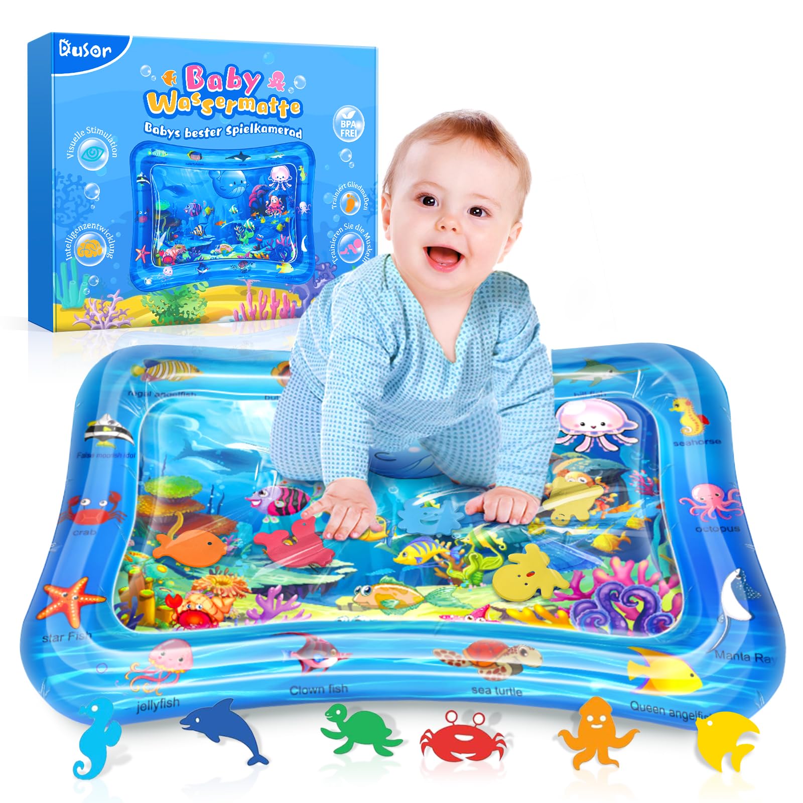 Dusor Wassermatte Baby Spielzeug 3 6 9 Monate, Wasserspielmatte BPA-frei, Spielmatte Baby, Aufblasbare Bauchzeit Matte, Spaßaktivitäten Das Stimulationswachstum Ihres Babys, Ostergeschenke Kinder