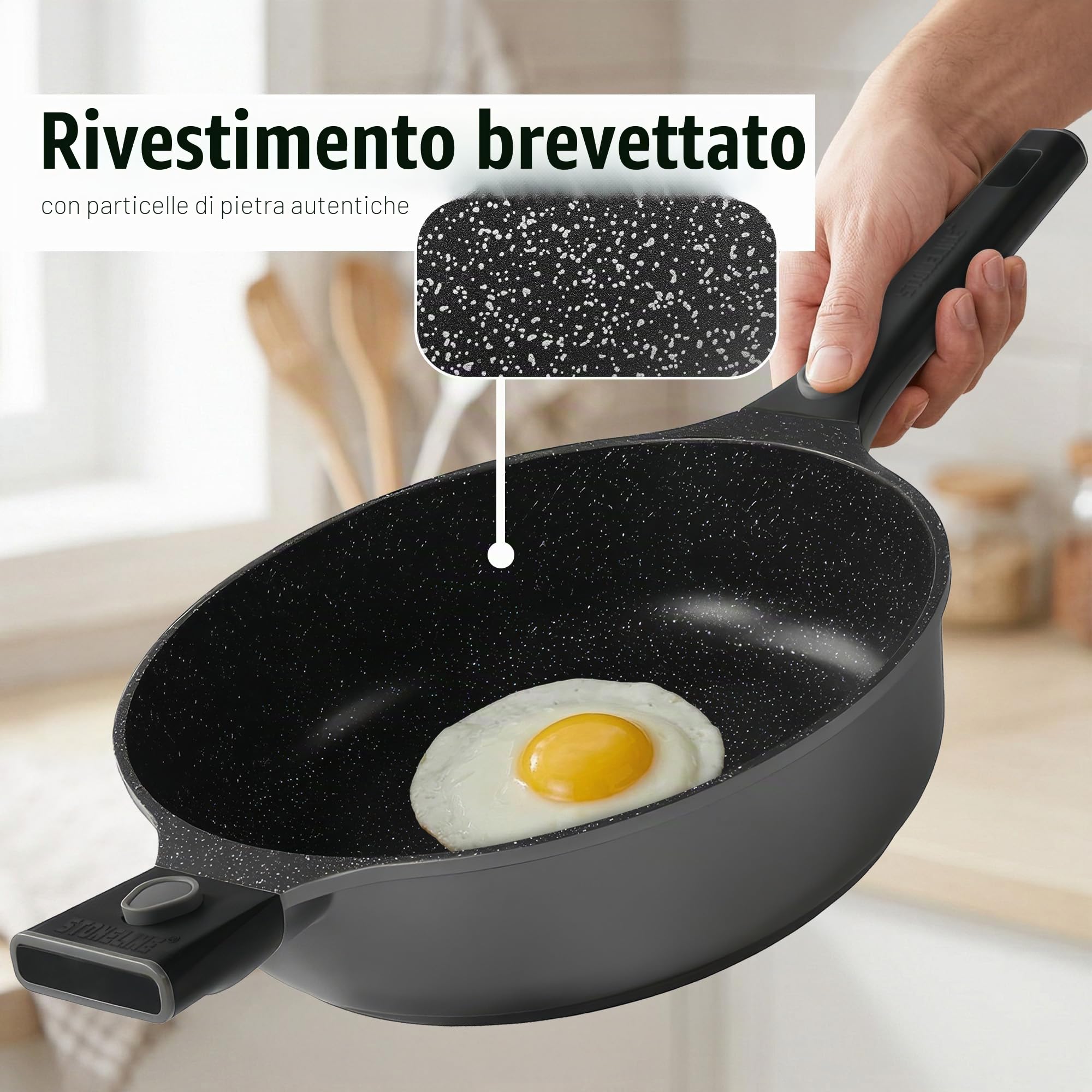 STONELINE SMART Padella Alta 28 cm, 4 L Padella Induzione Grande con Coperchio, Manico Rimovibile, Alluminio Pressofuso, Tutti i Tipi Piani Cottura, Antiaderente con Vere Particelle di Pietra, Grigio
