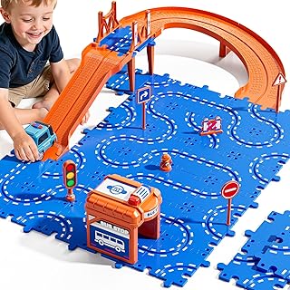 Toddler Puzzles Track Cars Toys for Kids, Boys and Girls Age 3-5 6-8, 31Pcs Floor Puzzle Race Track with Car and Road Signs, Educational Toy Games for 3 4 5 6 7 8 Year Old Boys Birthday Gifts