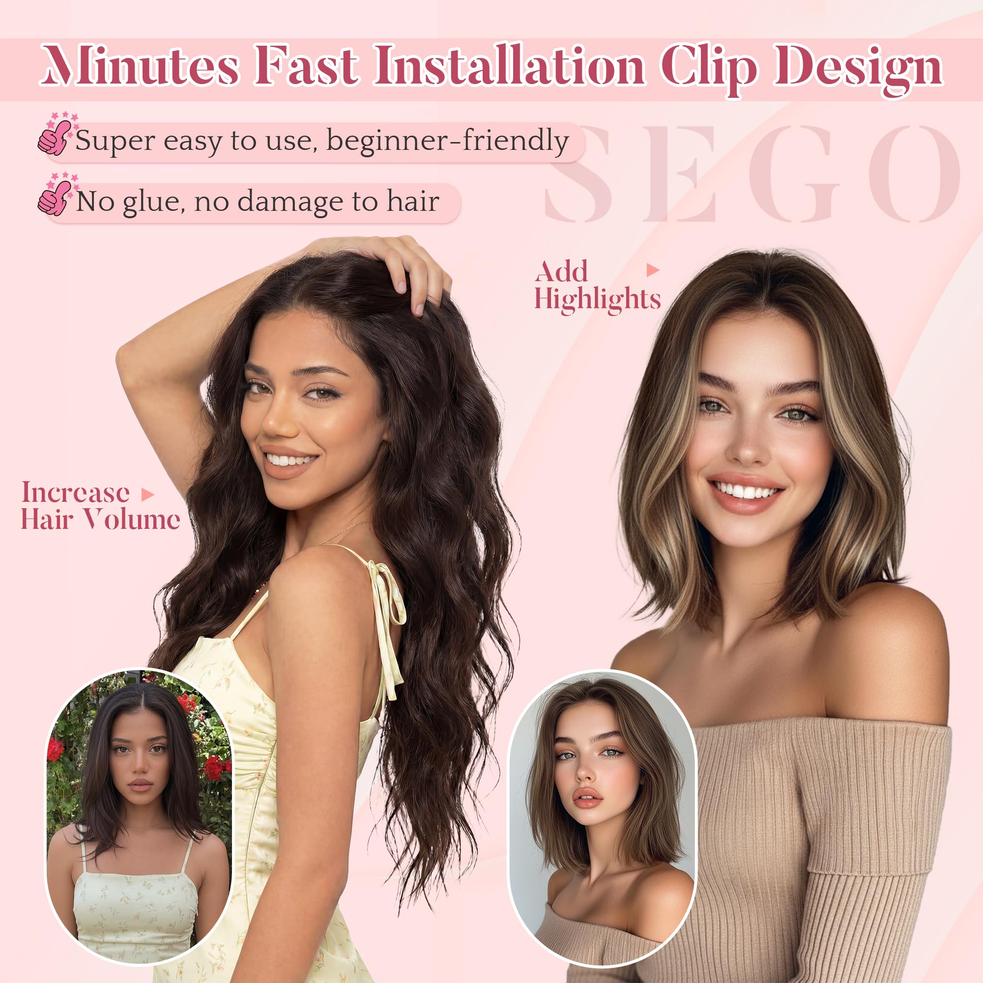 SEGO Extension Capelli Veri Clip 50 cm Set da 5 Ciocche Extension Clip Capelli Veri Remy Human Hair Naturali #6P613R Castano chiaro & biondo