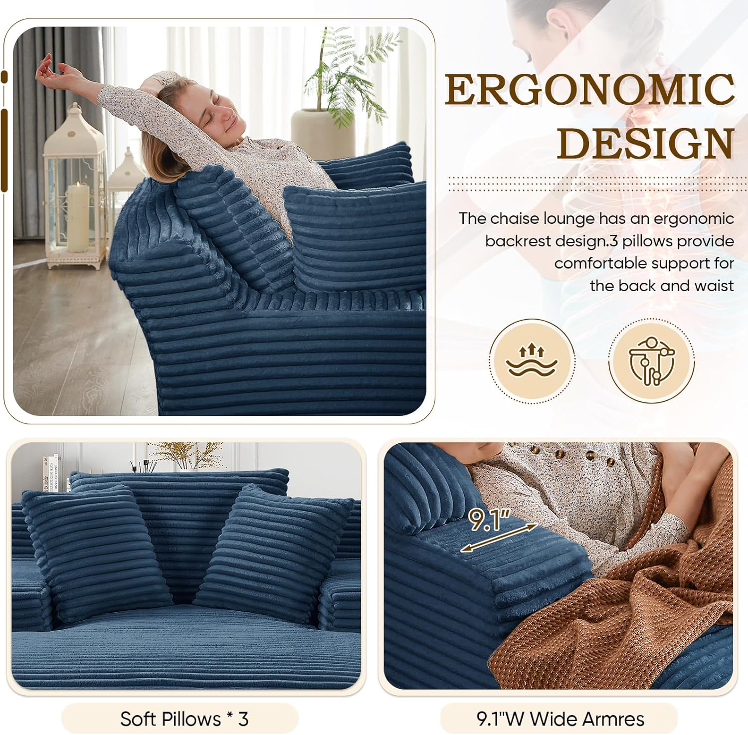 Oversized Chaise Lounge Chair Indoor,50" W Upholstered Corduroy Sofa with 3 Pillows,Comfy Fluffy Cloud Couch,Modern Deep Seat Sofa,Single Sleeper Sofa Chair for Livingroom,Bedroom,No Assembly(Blue)