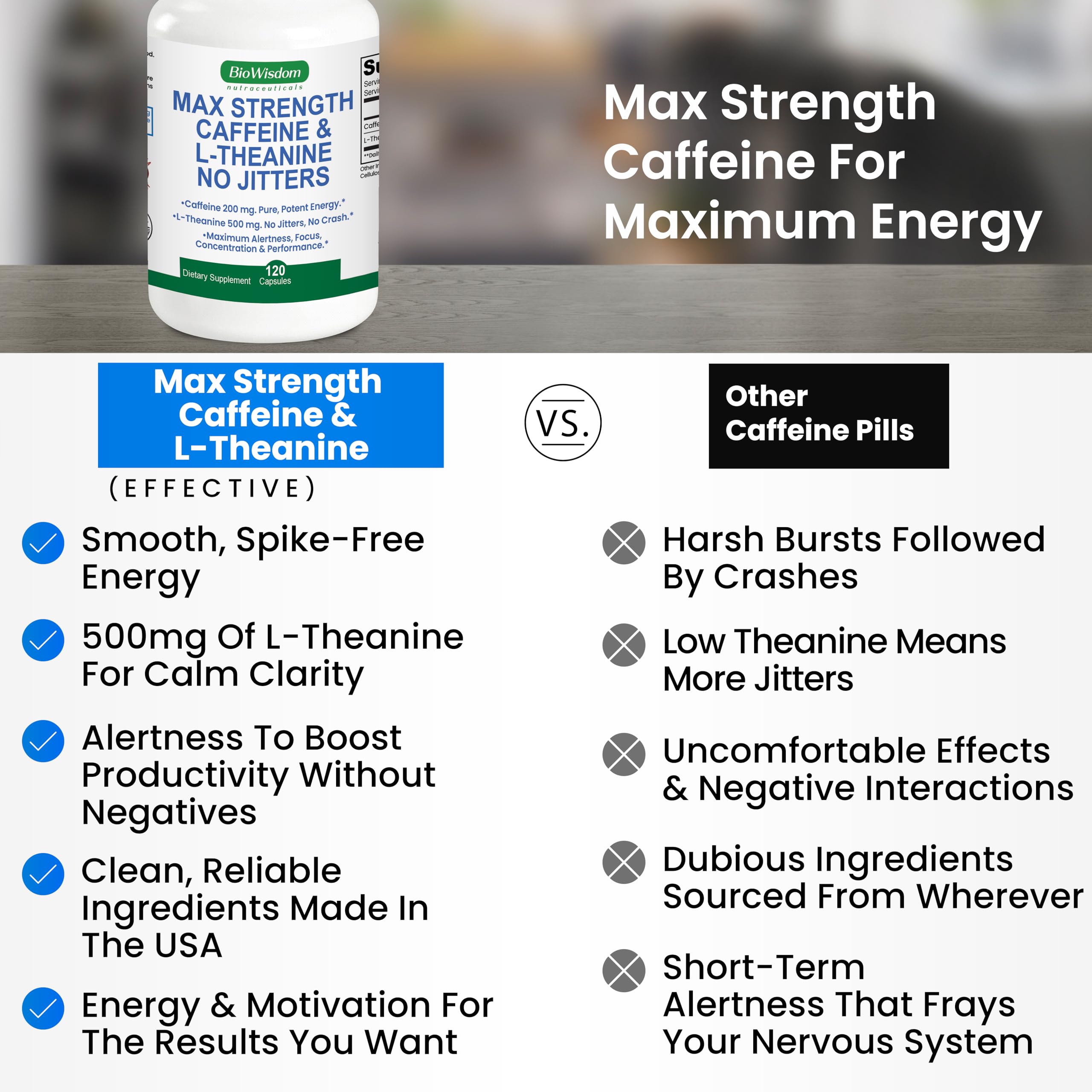 Max Strength Caffeine L Theanine Pills (200mg/500mg) - No Jitters Peak Energy, Focus, Performance, Alertness - Caffeine Pills & L-Theanine Capsules, No Crash & Drowsiness, Potent Supplement, 60 Count — Amazon image 5