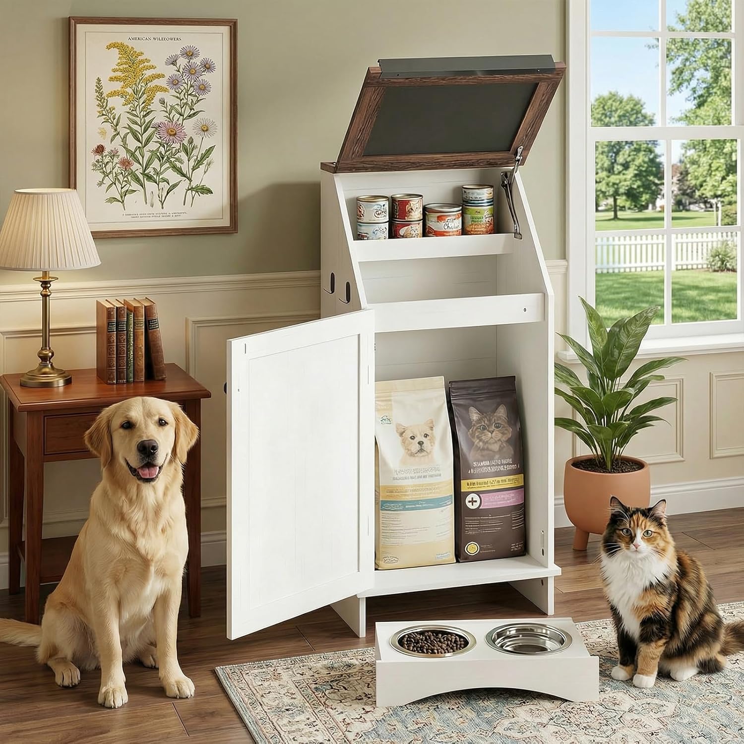 NEWOWNDS Dog Feeding Station with Storage,Dog Food Storage Cabinet with 2 Elevated Bowls and Hooks,Pet Feeding Station for Cat and Dogs，White