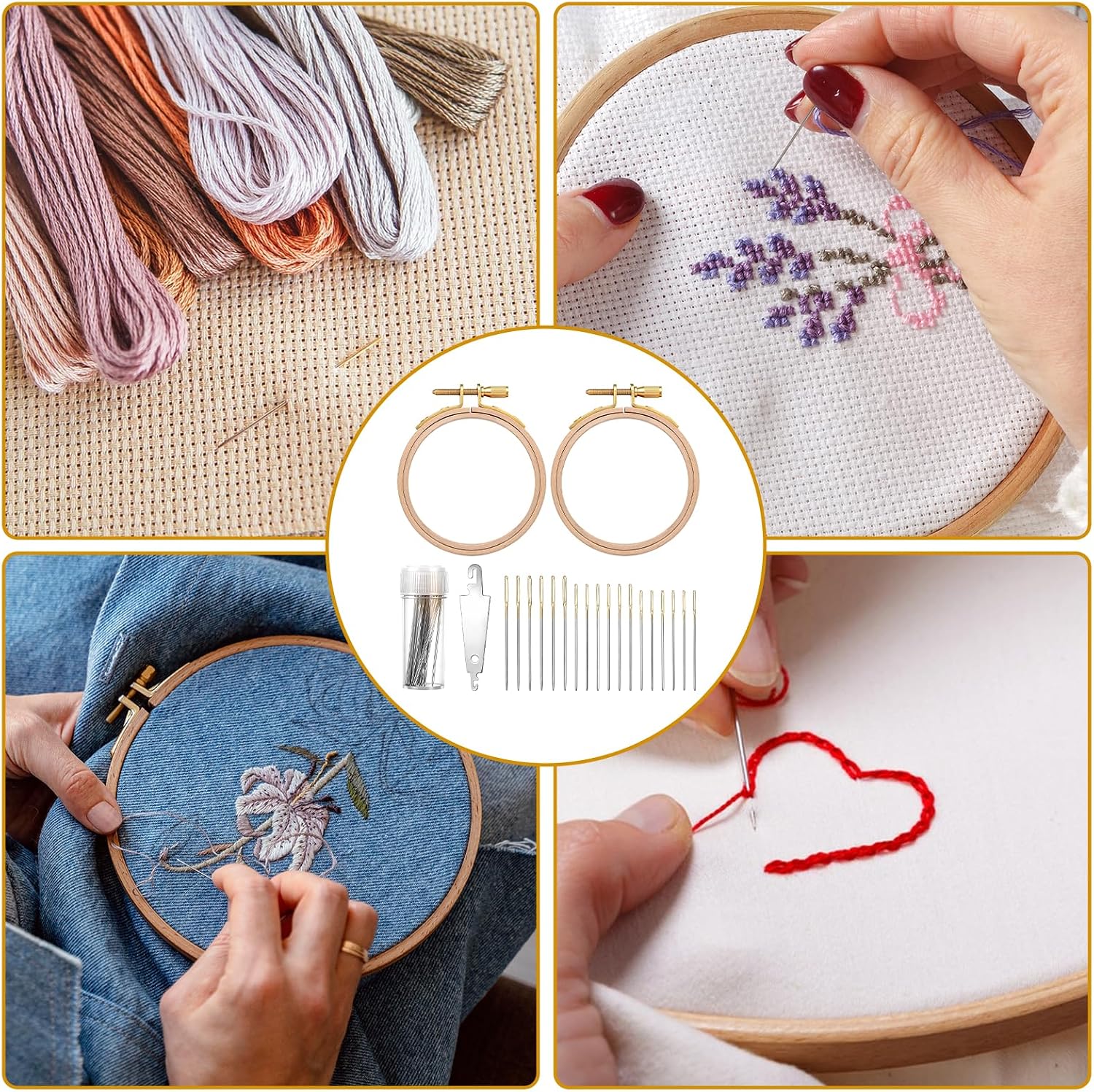 2PCS 3 Inch Wooden Embroidery Hoops, 30PCS 3 Sizes Embroiderys Needles, and 1PCS Needle Threader, Wood Circle Cross Stitch Hoops Ring Small Embroidery Hoop Frame Embroiderys Ring for Art Craft Sewing