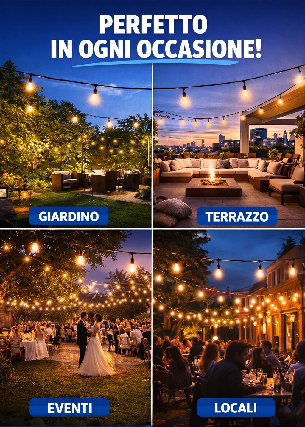 Catenaria Luci Esterno 30 Metri 30 Portalampade E27 Collegabile IP54 Connettori IP65 Catena Luminosa Giardino Terrazzo Senza Lampadine (300, Centimetri)