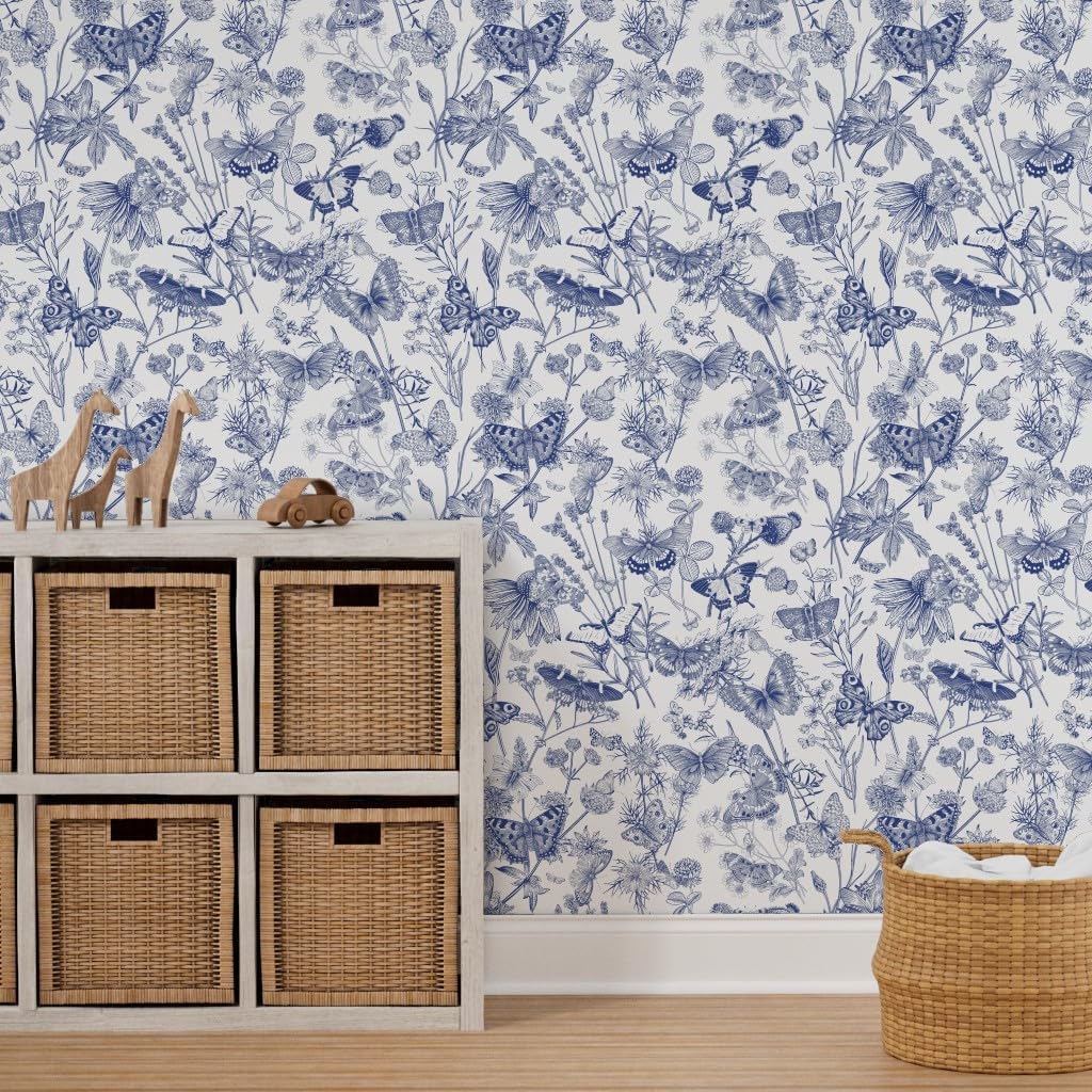 Peel & Stick Wallpaper 3ft x 2ft - Butterflies Wild Flowers White Vintage Blue Retro Custom Removable Wallpaper by Spoonflower