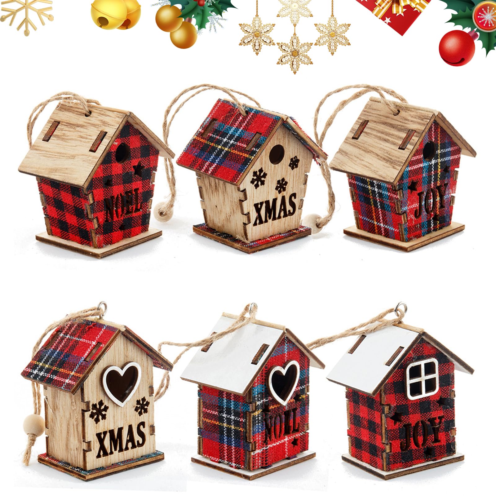 CutitiUU 6 Navidad Tridimensional casa roja casa de Madera Colgante,Casa roja casa de Madera Colgante pequeños Adornos decoración del árbol de Navidad casa Modelado Colgante de Madera