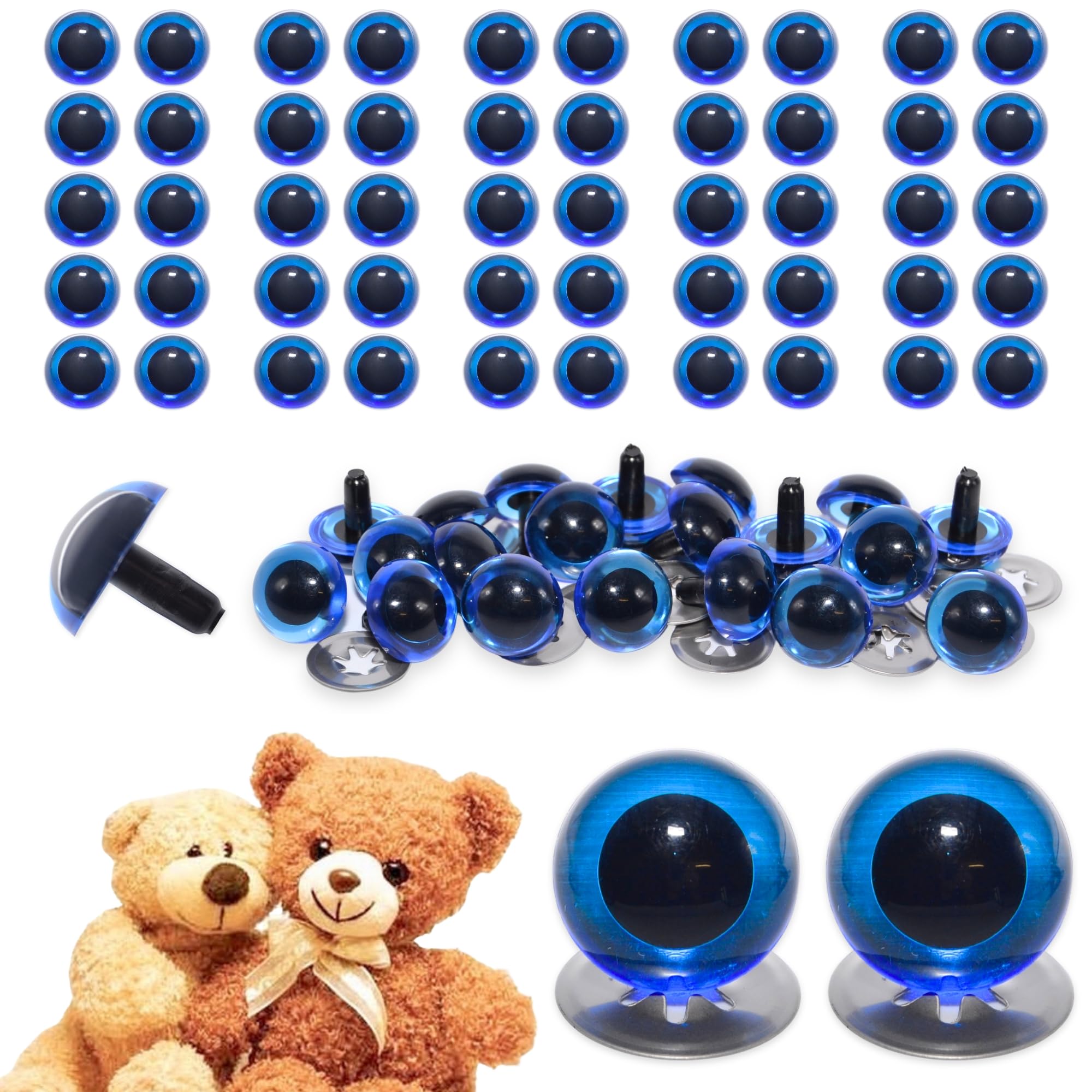 celloexpress 7.5mm Transparent Blue Crystal Eyes with Metal Backs - Safety Eyes for Soft Toy Teddy Bear Animal Making (Pack of 50 Pairs)