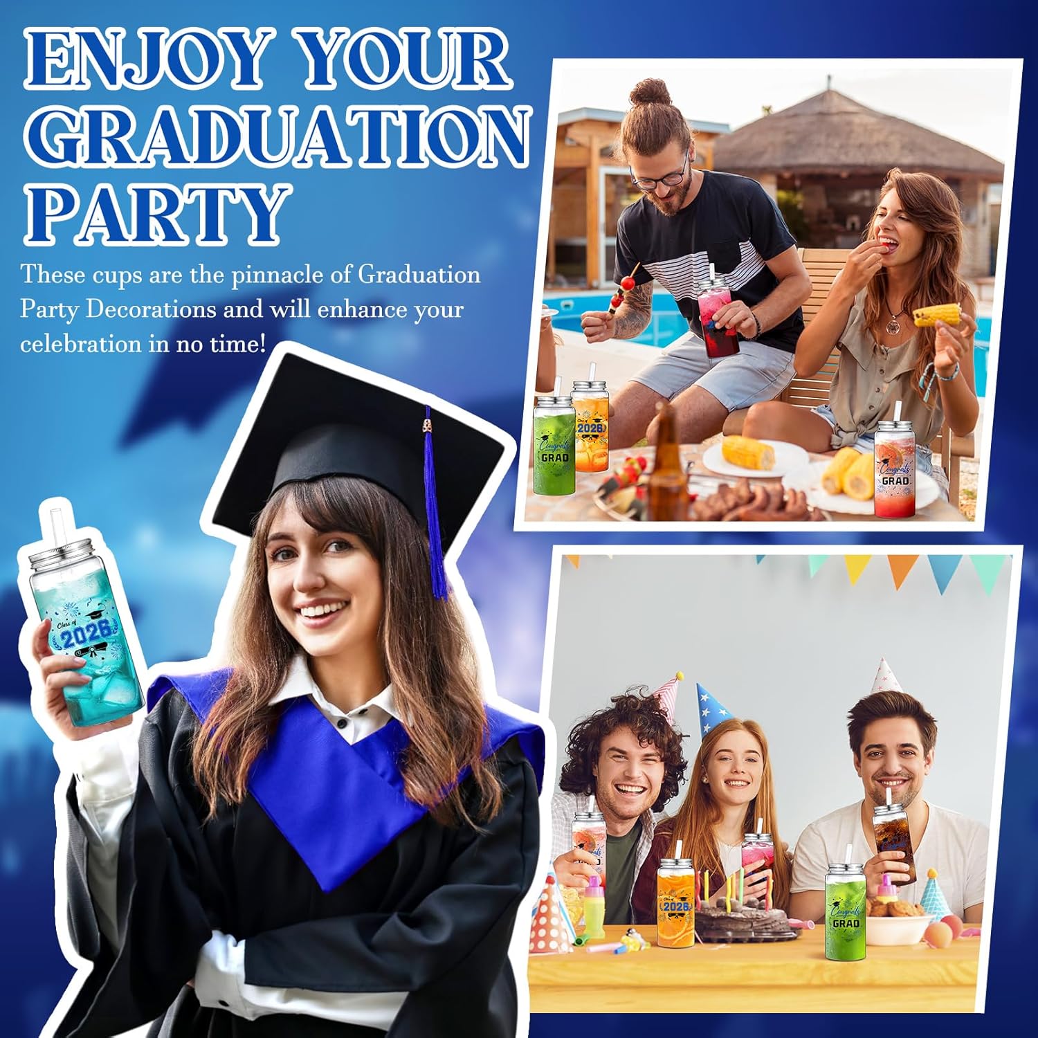Pickmesh 36 Pcs Reusable Graduation Cups 13.5 oz Clear Plastic Tumblers with Lids and Straws Class of 2026 Party Supplies for Graduation Decorations and Congrats Grad Events(Black,Blue)