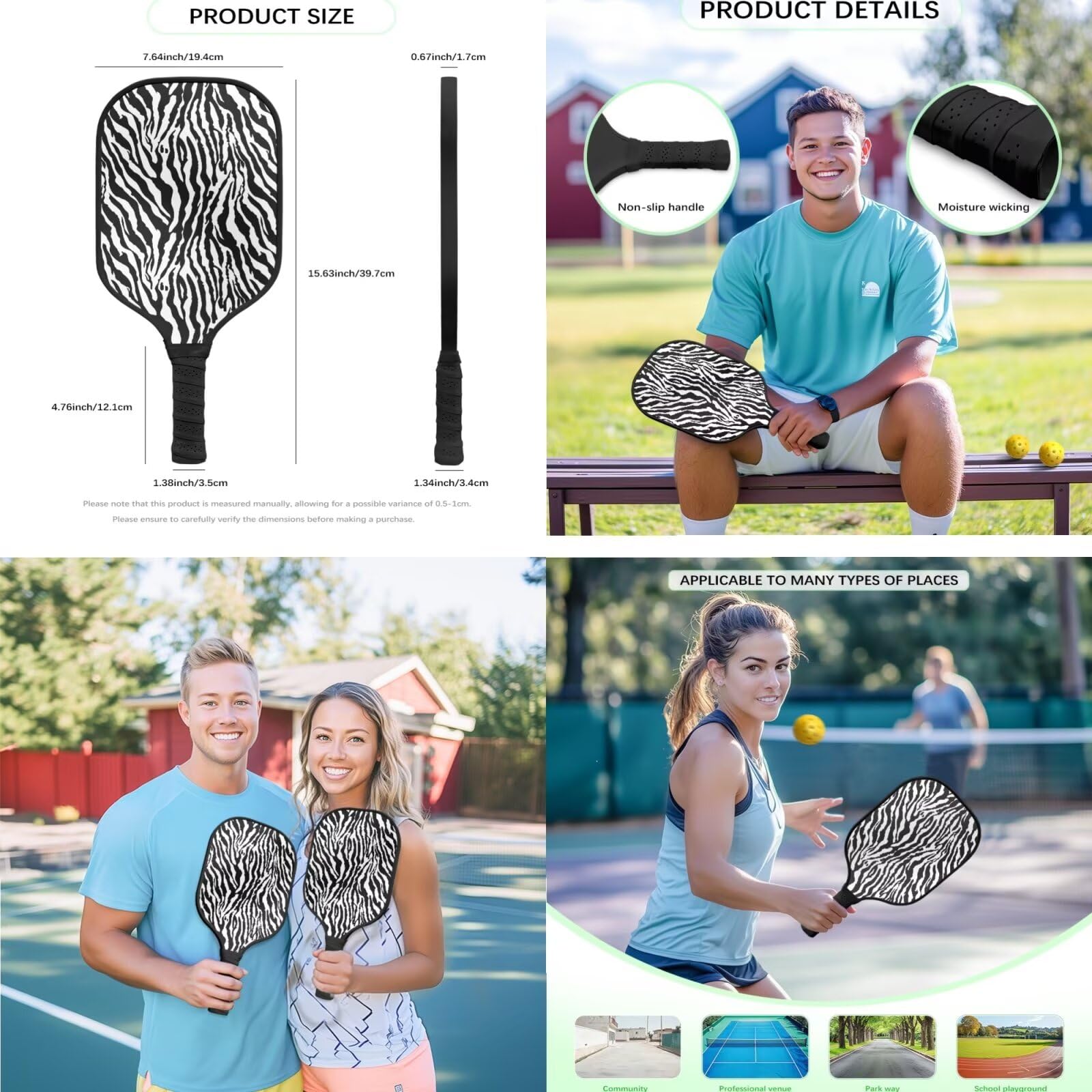 3-częściowy zestaw wioseł w paski zebry pickleball rękaw rakieta do marynowania z poduszką wygodny uchwyt torba na piłkę idealna dla początkujących prezenty