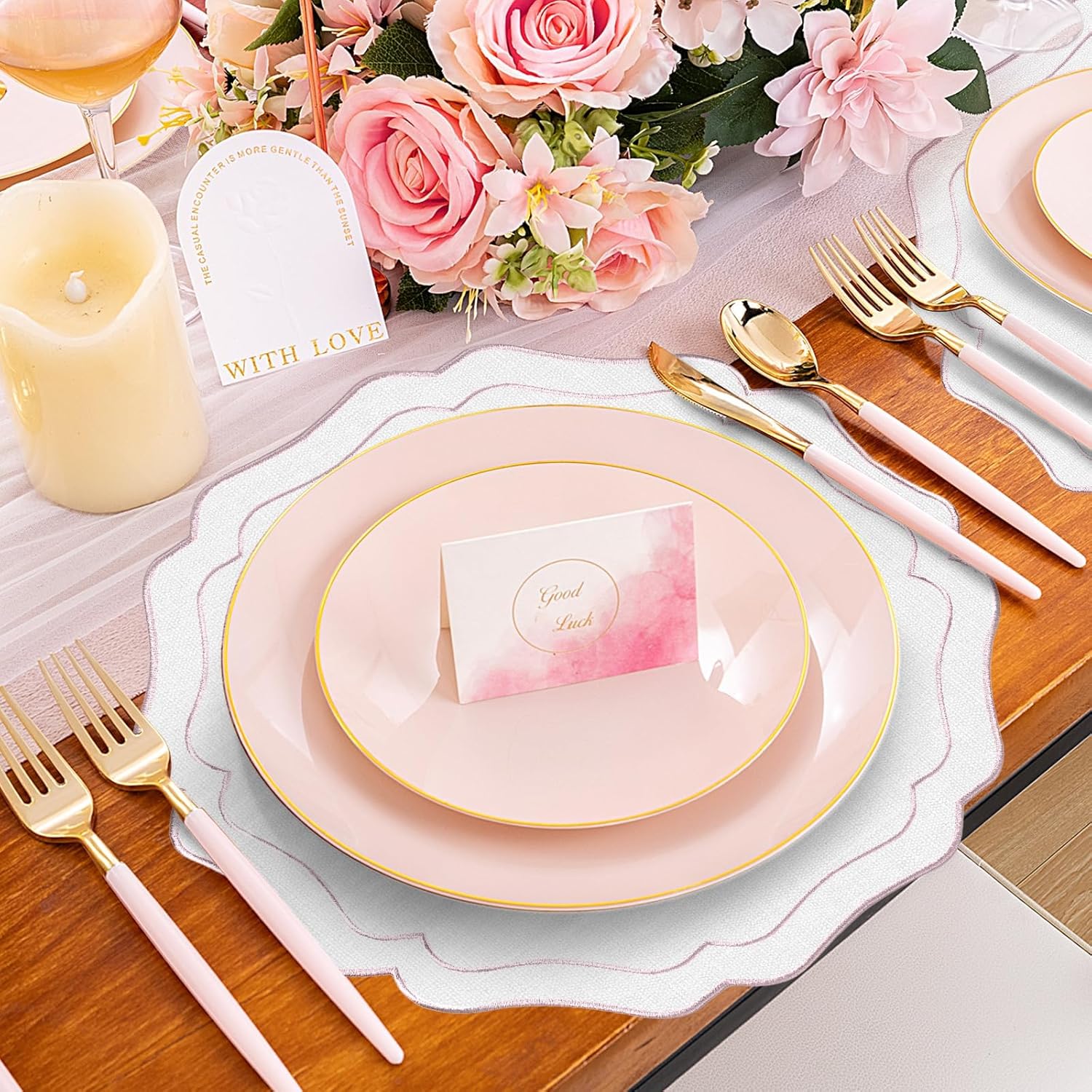 8 Sets Ribbon Twirl Cotton Linen Placemats, 15 inch Embroidery Round Cloth Table Mats with Pink Scalloped Edge Washable Fabric Place Mats Flower Shape for Wedding Baby Shower Party Table Decor