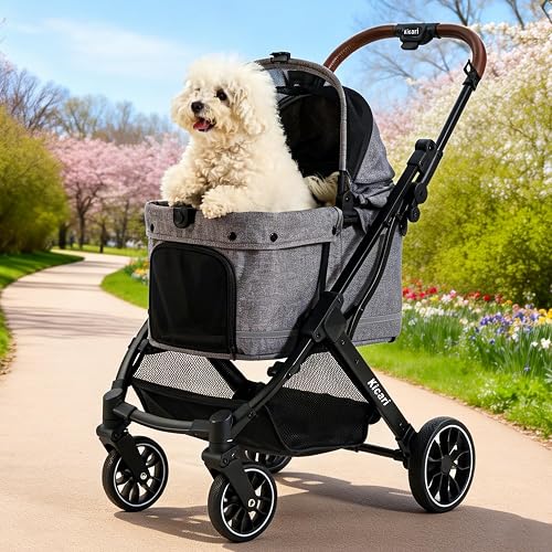 All-Terrain Dog Stroller for Small to Medium Dogs, Pet Stroller for Dogs & Cats Outdoor Walks, One-Hand Easy Fold, Double-Layer Anti-UV & Waterproof Canopy & Breathable Mesh, Charcoal Gray