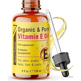 Seven Minerals Ultra Pure Vitamin E Oil - Full-Spectrum D-Alpha Tocopherol per 4 Oz Bottle - 100% Organic Vitamin E Oil for Skin, Face, Hair and Scars - Naturally Occurring=Not Synthetic