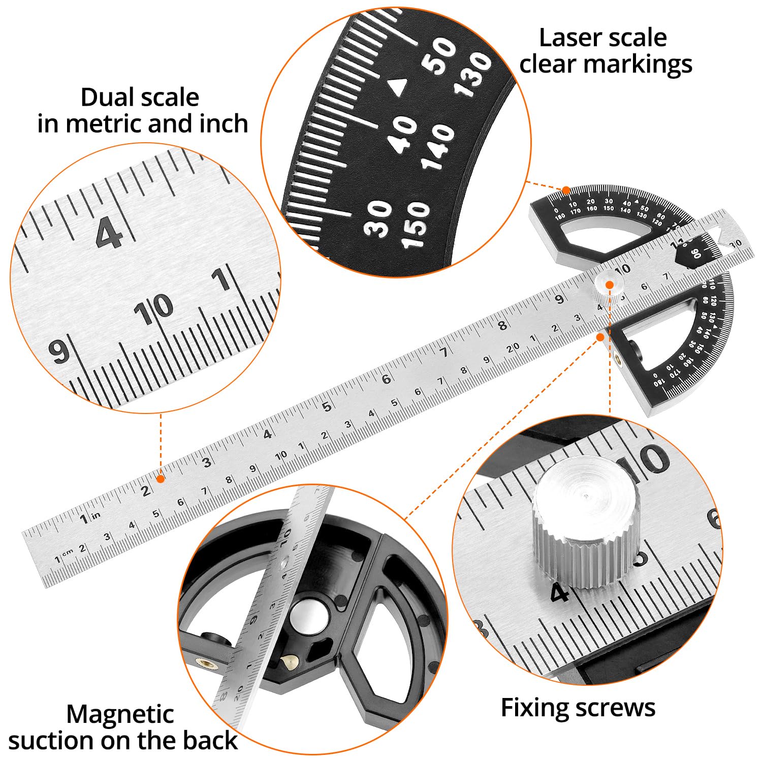 QWORK® Protractor Angle Ruler,Adjustable Angle Gauge Tool with Center Locator & Scribe Function - Image 2