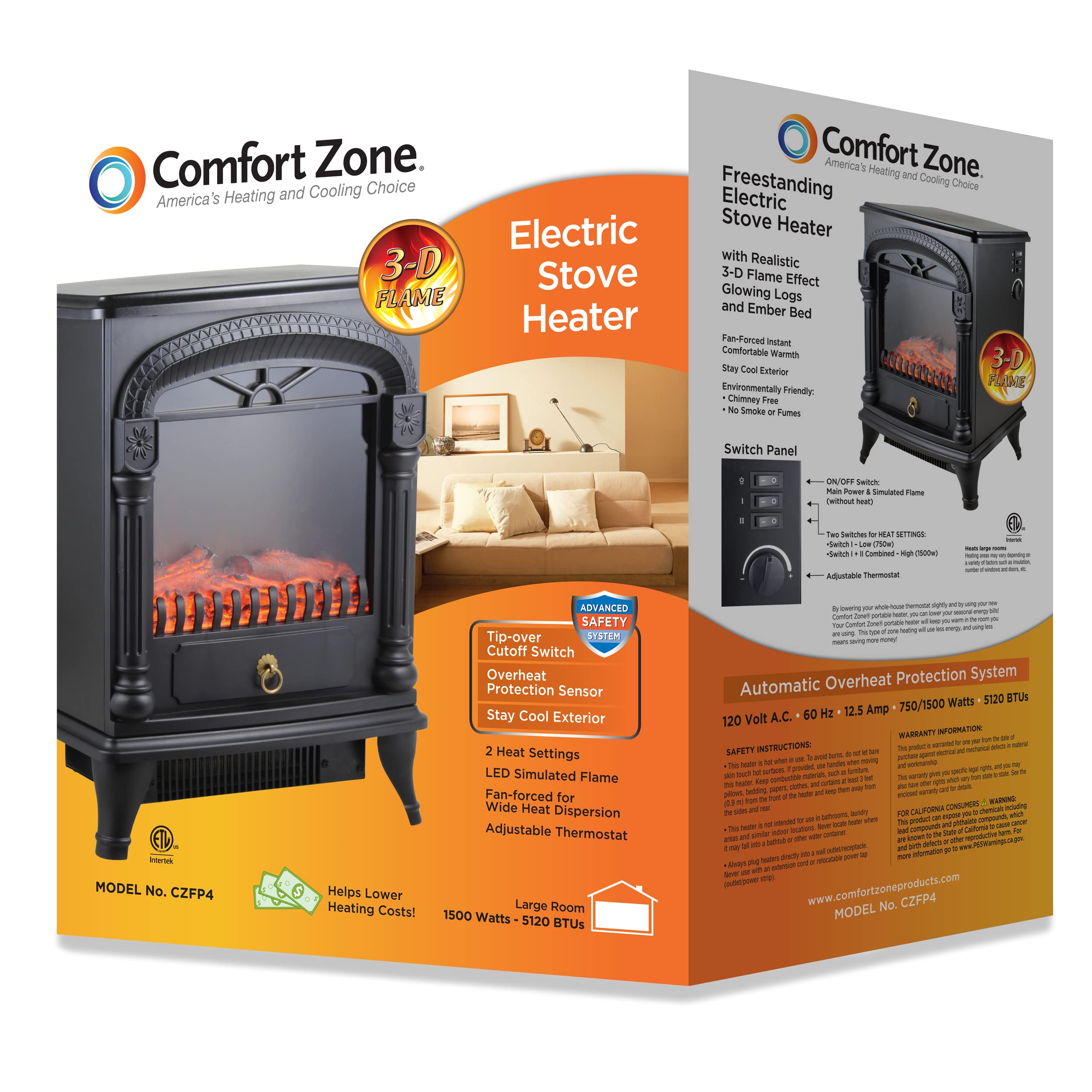 Comfort Zone CZFP4 1500-Watt Electric Fireplace Traditional Warm Stove  Style Heater with Realistic 3D Flame Effect and Adjustable Thermostat in  Black - Buy Online - 10945319