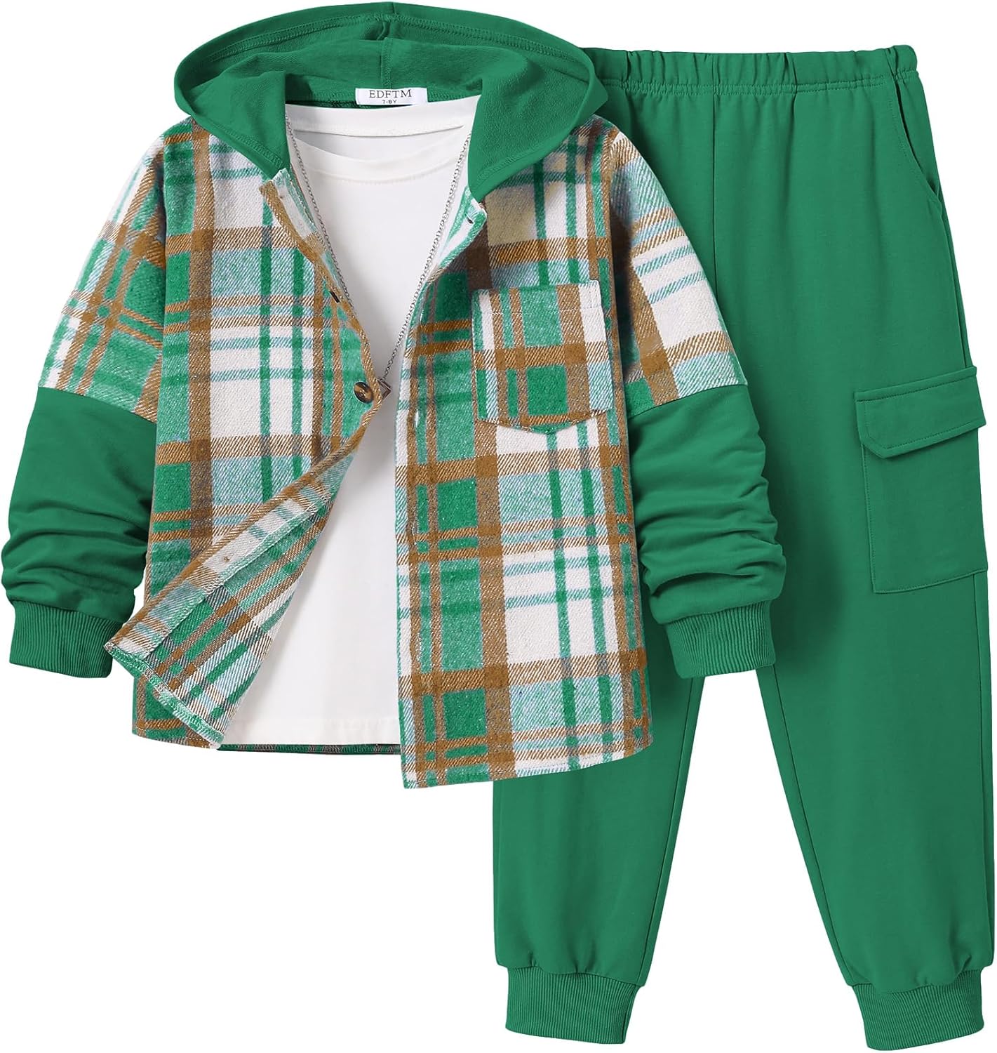 2Pcs Boys Clothes Sweatsuit Set Hoodie Flannel Plaid Shirt and Jogger Pants for Kids Fall Winter Spring Outfits