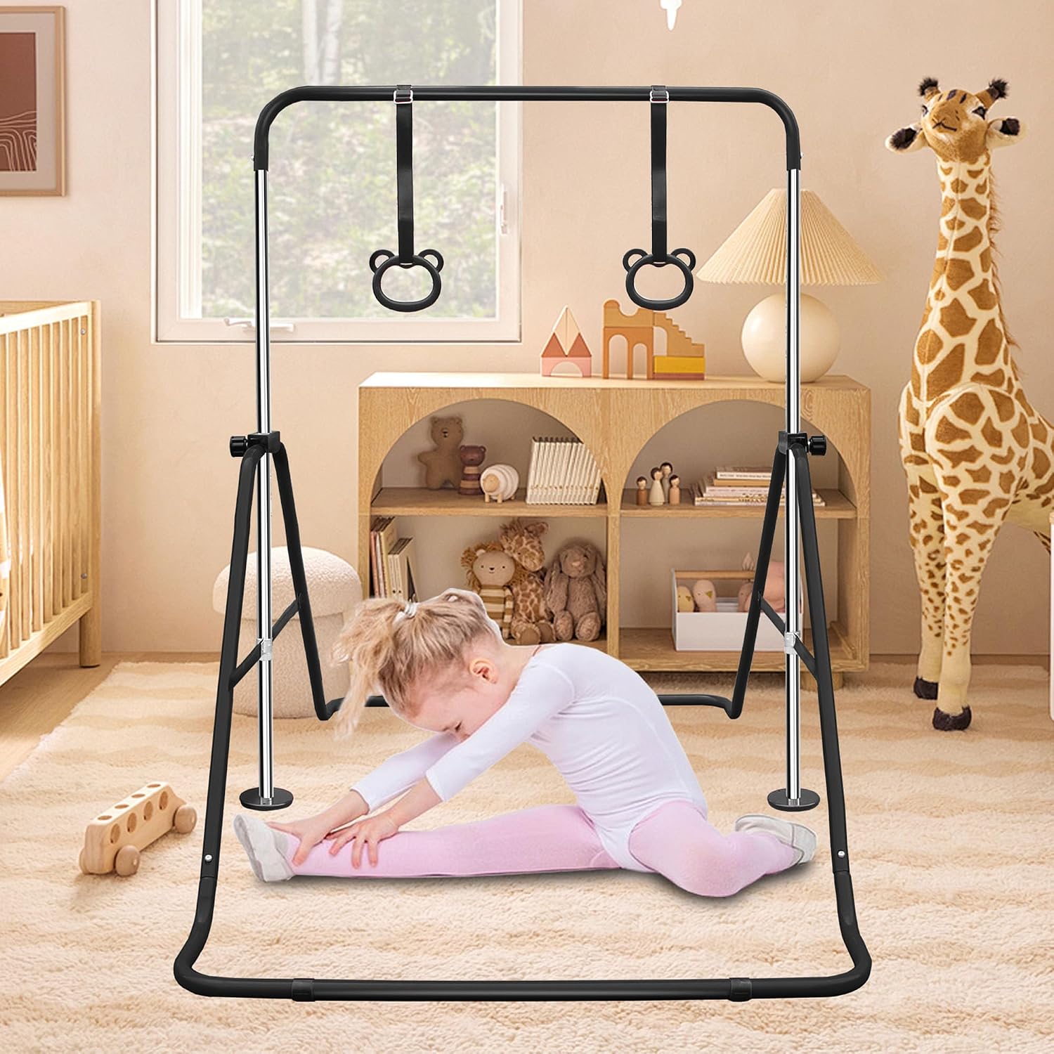 Anwick Gymnastics Bar for Kids - Height Adjustable Horizontal Monkey Bars with Rings, Folding Training Equipment for Indoor Outdoor Home Gym, Kids Exercise Pull Up Bar