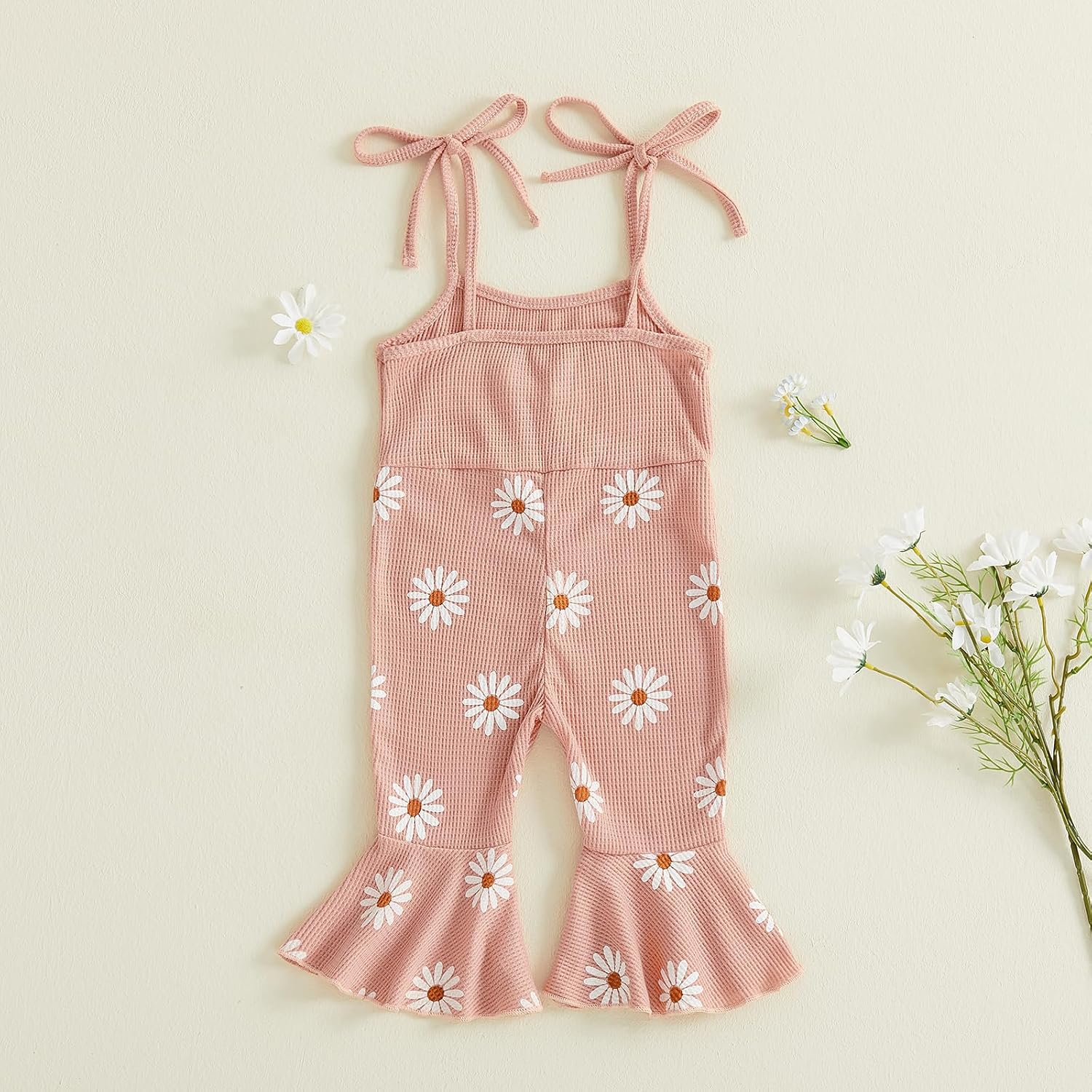 Tsultryofs Baby Girl Bell Bottom Jumpsuit Infant Toddler Waffle Clothes Letter Flower Print Sleeveless Square Neck Overalls