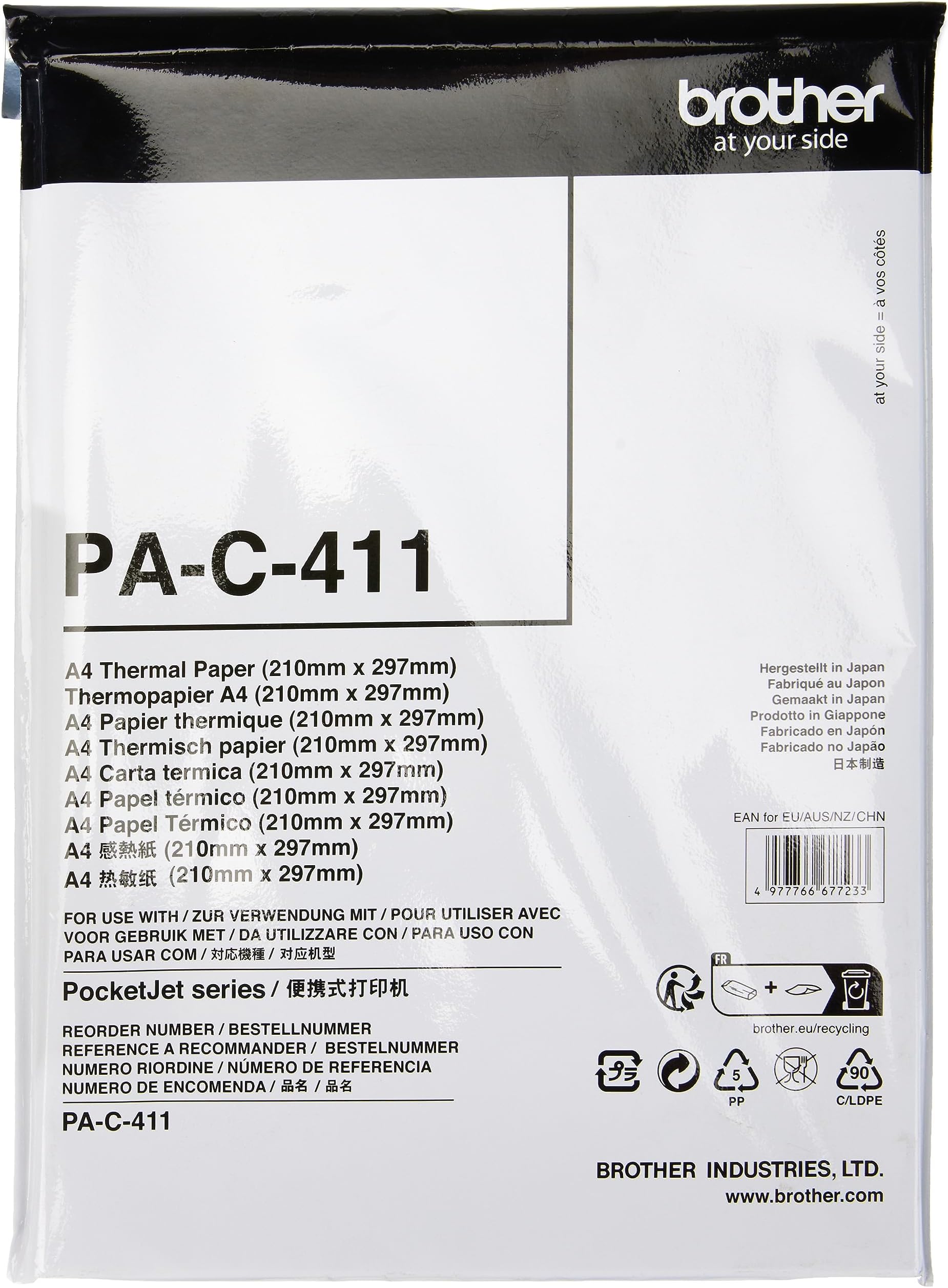 PA-C-411 Thermal Printer Paper, A4, Premium Grade Glossy, White, 210 (W) x 297 mm (L), 100 Sheets, Brother Genuine Supplies, white