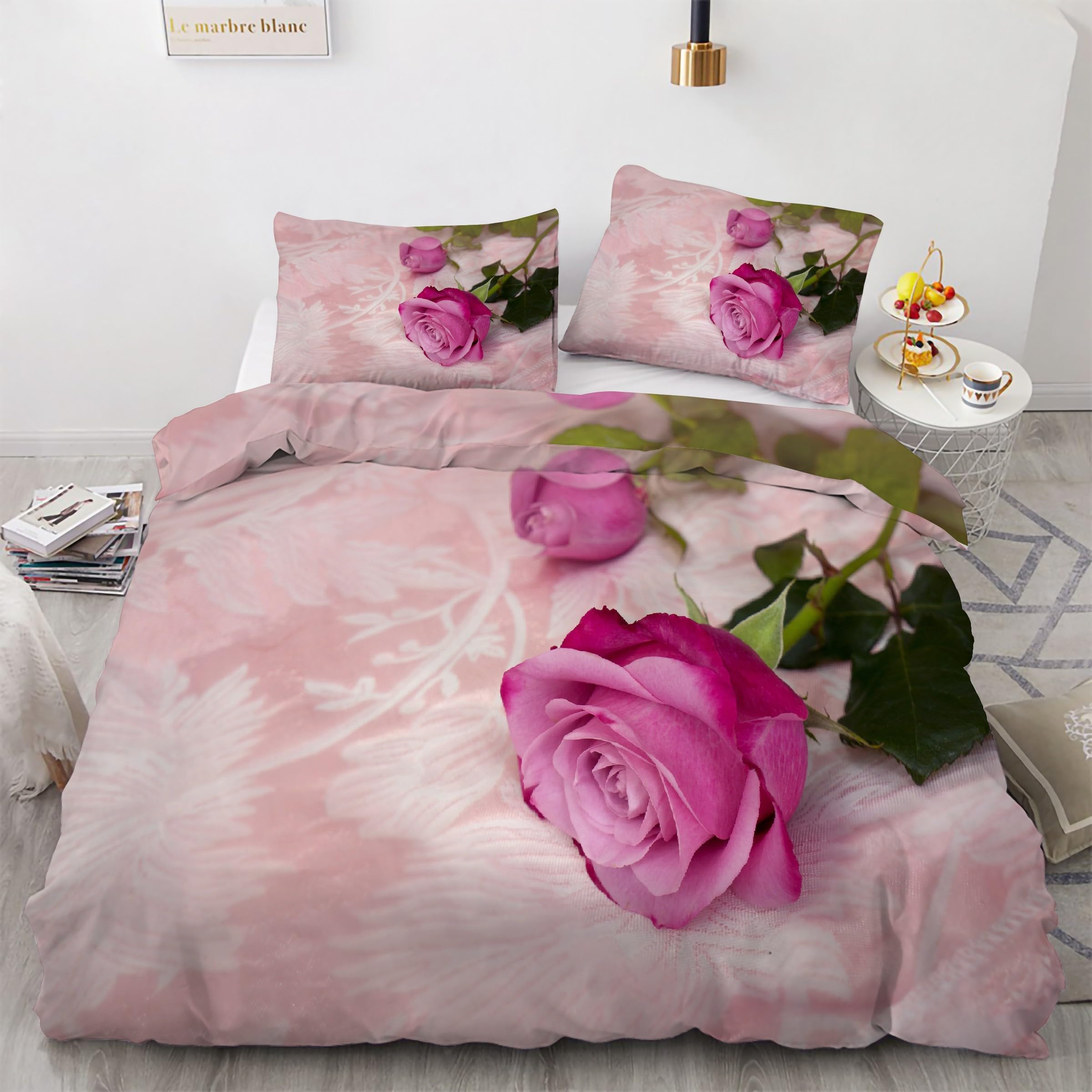 Parure de Lit Rose 160x200 cm à Motif Fleurs pour une Chambre Parentale Douce et Accueillante