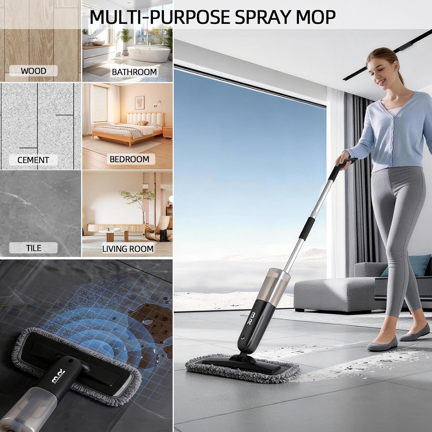 Electric Spray Mop Floor Cleaner with 2 Mopping Pads 700ml Bottle & Scraper 360° Swivel Head Lightweight Cordless Wet Dry Cleaner for Hardwood Floor Cleaning Laminate Tile Wood Vinyl & All Hard Floors