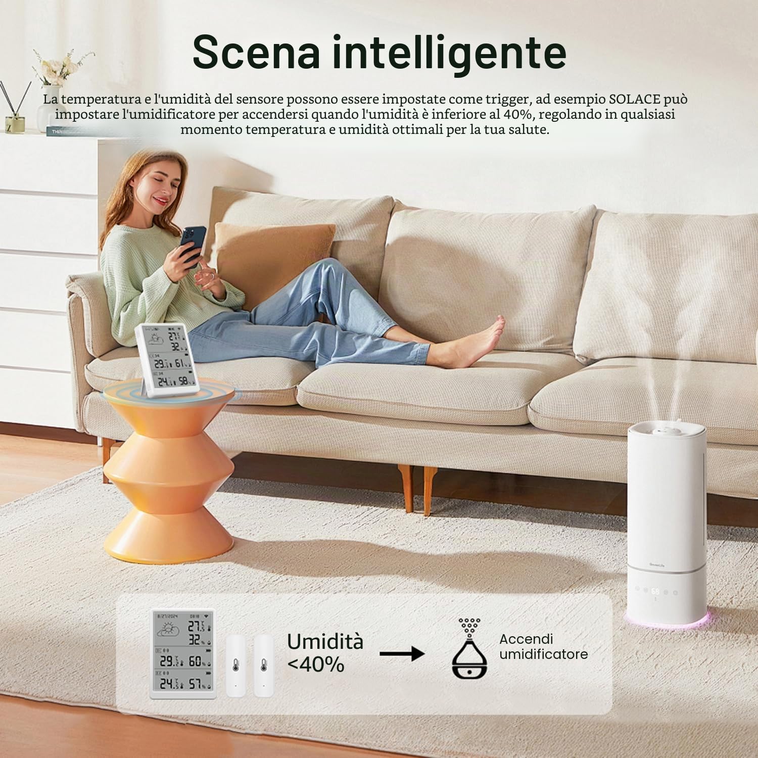Termometro e igrometro WLAN interno: Monitor intelligente di temperatura e umidità con notifiche App ed esportazione dati gratuita, compatibile con Alexa, 4 sensori e stazione base