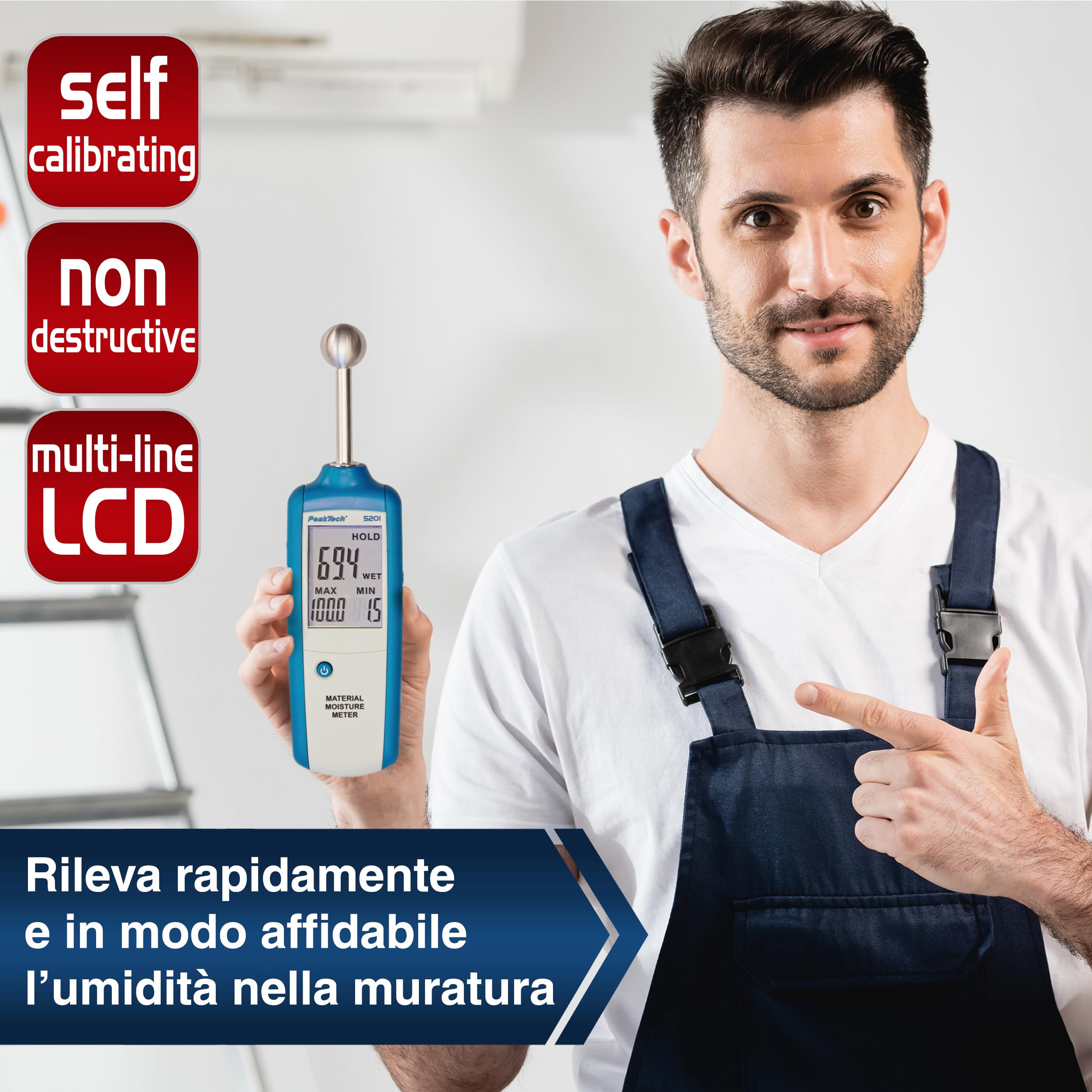 Peaktech 5201 – Misuratore di Umidità, Igrometro per Edilizia, Indicatore di Umidità del Legno, Parete, Gesso, Gesso, Muratura - Profondità di Misurazione: 20-40 mm, Blu