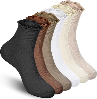 6 Pairs Frilly Socks Women Ruffle Ankle Socks Women Cotton Crew Breathable Short Lettuce Edge Sock Soft Knit Ruffled Sock Lightweight Pairs with All Shoes Clothes White Skin Black Cream Khak Coffee