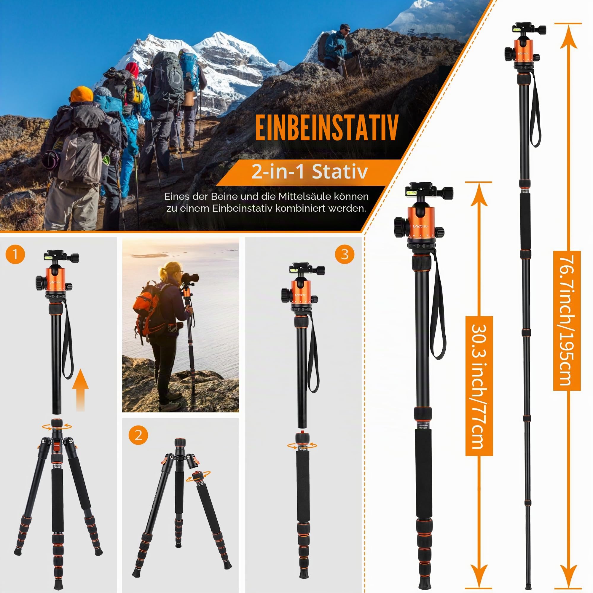 Victiv 205cm Professionelles Kamera Stativ, Aluminiumlegierung Reisestativ Stativ mit 360° Kugelkopf für DSLR Canon Nikon Sony, belastbar bis 15,4 kg, 2-in-1 Fotostativ Einbeinstativ für Kamera, Handy