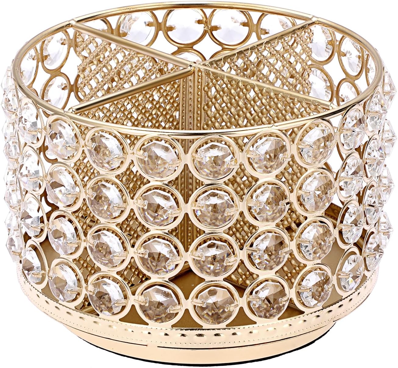 BTSKY Crystal 360 Degree Rotating Desk Organizer Decorative Storage Box with 4 Compartments, Glitter Metal Makeup Brush Holder Elegant Storage Caddy Home Decor Gift for Women, Round-4 Slots Gold