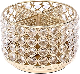 BTSKY 360° Rotating Desk Organizer Crystal Decorative Box, 4 Compartments | Glitter Metal Makeup Brush Holder Elegant Storage Caddy Vanity Home Decor Gift for Women, Round-4 Slots Gold