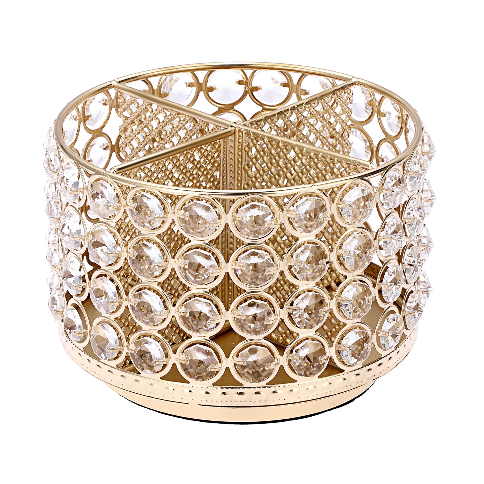 BTSKY Crystal 360 Degree Rotating Desk Organizer Decorative Storage Box with 4 Compartments, Glitter Metal Makeup Brush Holder Elegant Storage Caddy
