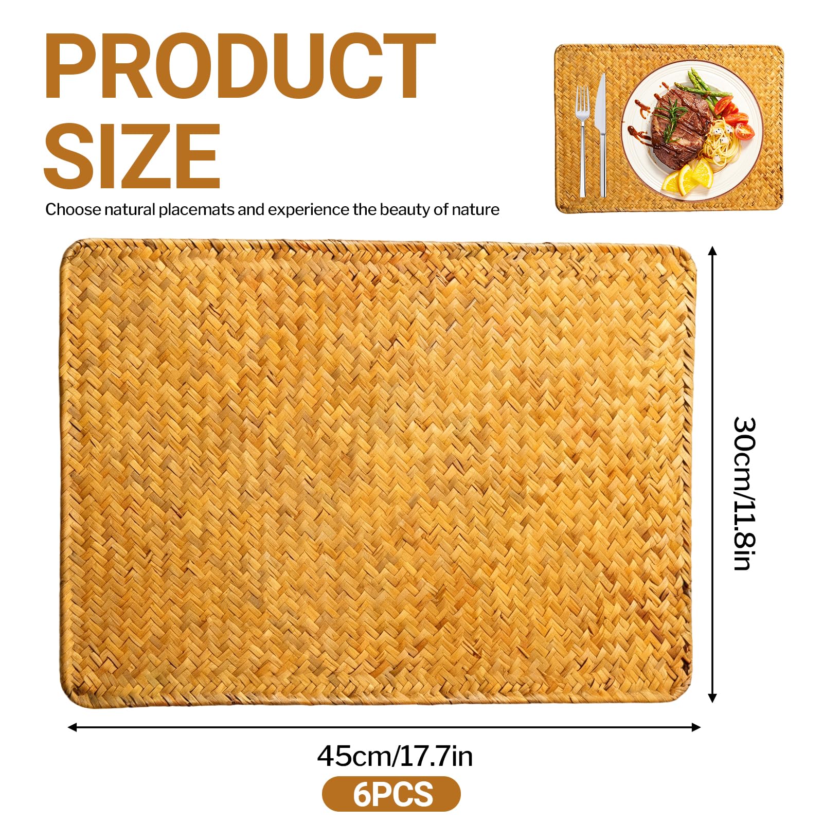 Set di 6 tovagliette intrecciate, 45 x 30 cm, rettangolari in erba marina naturale, tovagliette rettangolari in rattan intrecciato, tovagliette boho fatte a mano, per tavolo da pranzo, isolamento