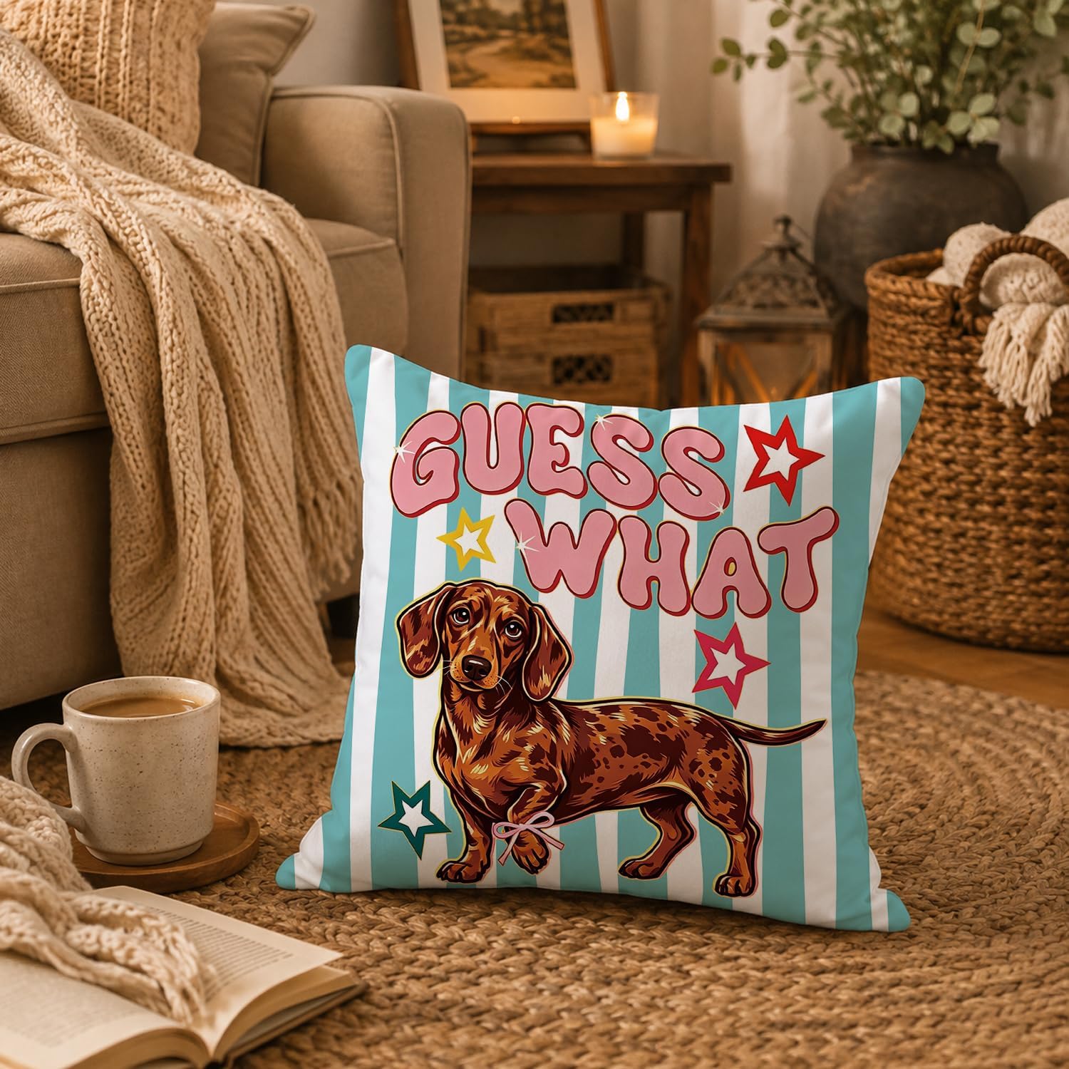 Guess What Retro Dachshund Dog Throw Pillow Cover 18x18 Inch