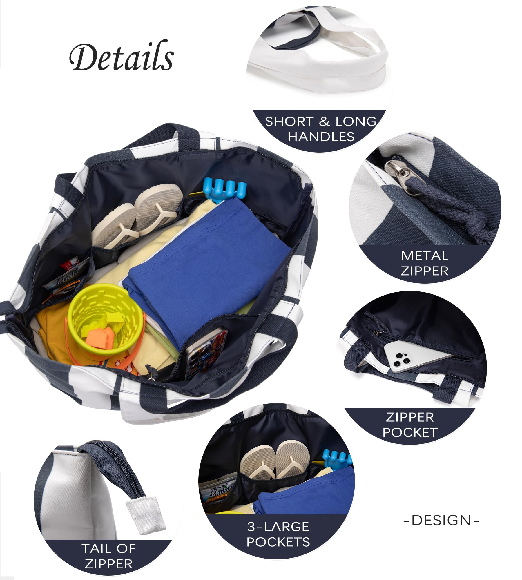 Bagelite Bolsas de playa extragrandes de 22 pulgadas, 50 L, bolsa de playa XL con cremallera, bolsas de noche para mujer, para viajes, fin de semana, piscina, azul y blanco, Azul Blanco, XL, Viajes a