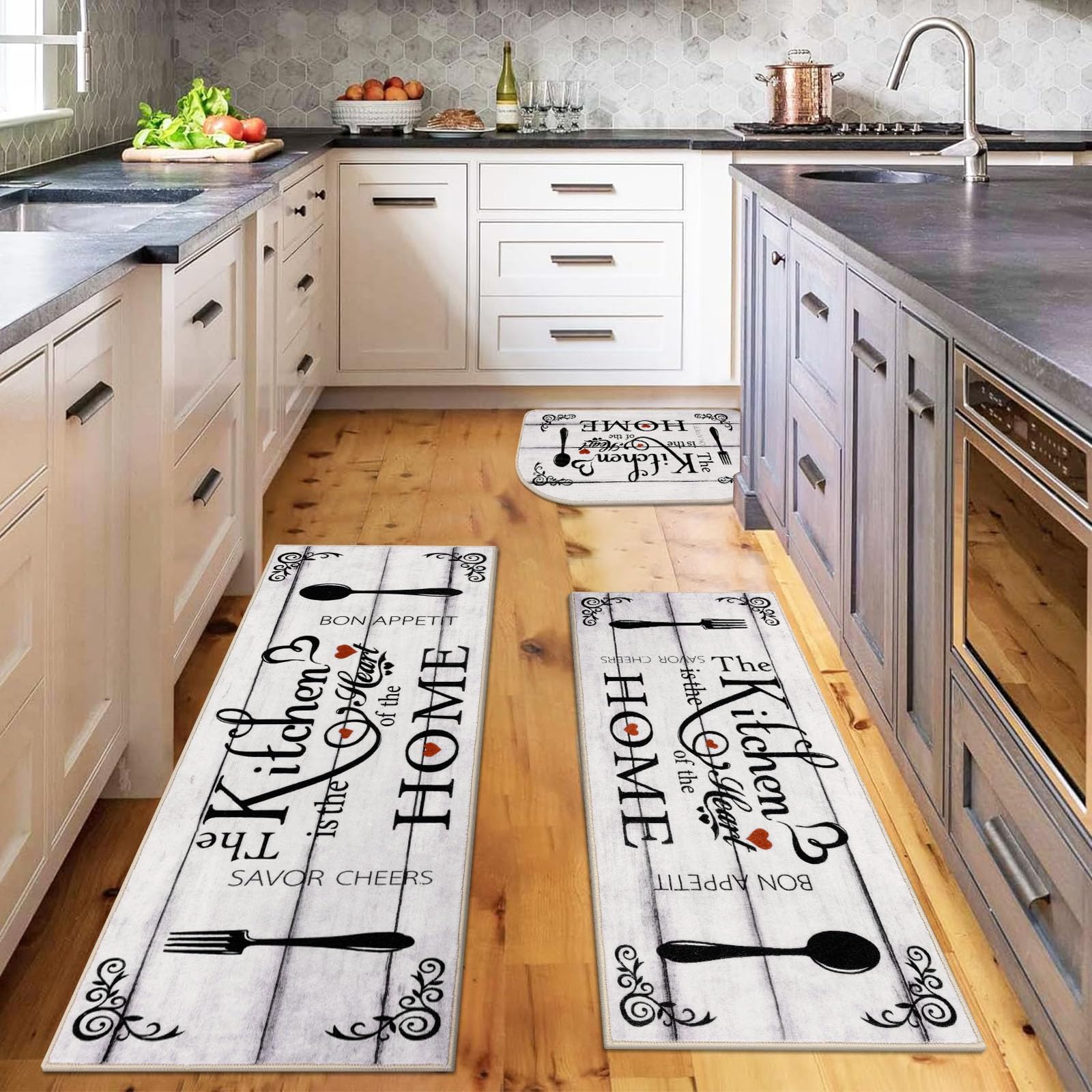 VaukkiBoho Kitchen Rug Sets 3 Pieces, Washable Kitchen Mats for Floor, Non Slip Soft Kitchen Area Rug Floor Mat for Kitchen, Laundry Room and Hallway (Log, 18''x30''+20''x47''+20''x59'')