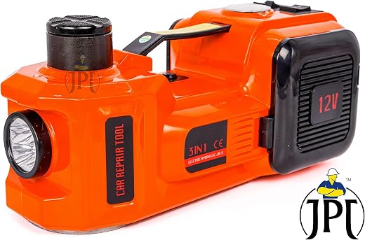 JPT 12V DC Electric Hydraulic Floor Jack Tire Inflator Pump and LED Flashlight 3 in 1 Set with Electric Impact Wrench