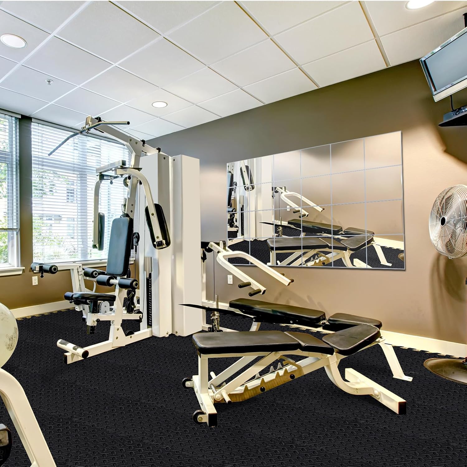 Leinuosen 100 Pcs Puzzle Exercise Mat with 24 Pcs Home Gym Mirror, EVA Interlocking Foam Floor Tiles Pad Square Large Wall Mirrors Decorative with Glue for Workout Bedroom Door Bathroom Wardrobe