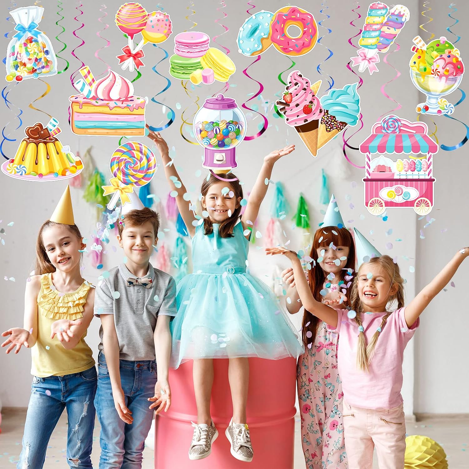 Crtiin 55 Pcs Sweet Candy Party Decoration Sweet Paper Swirls Colorful Lollipop Donut Ice Cream Hanging Swirls for Candy Birthday Party Baby Shower Candies Shop Classroom Home Decor Supplies