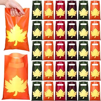 Affrolling 100 Pcs Fall Plastic Gift Bags Reusable Treat Bags with Handle