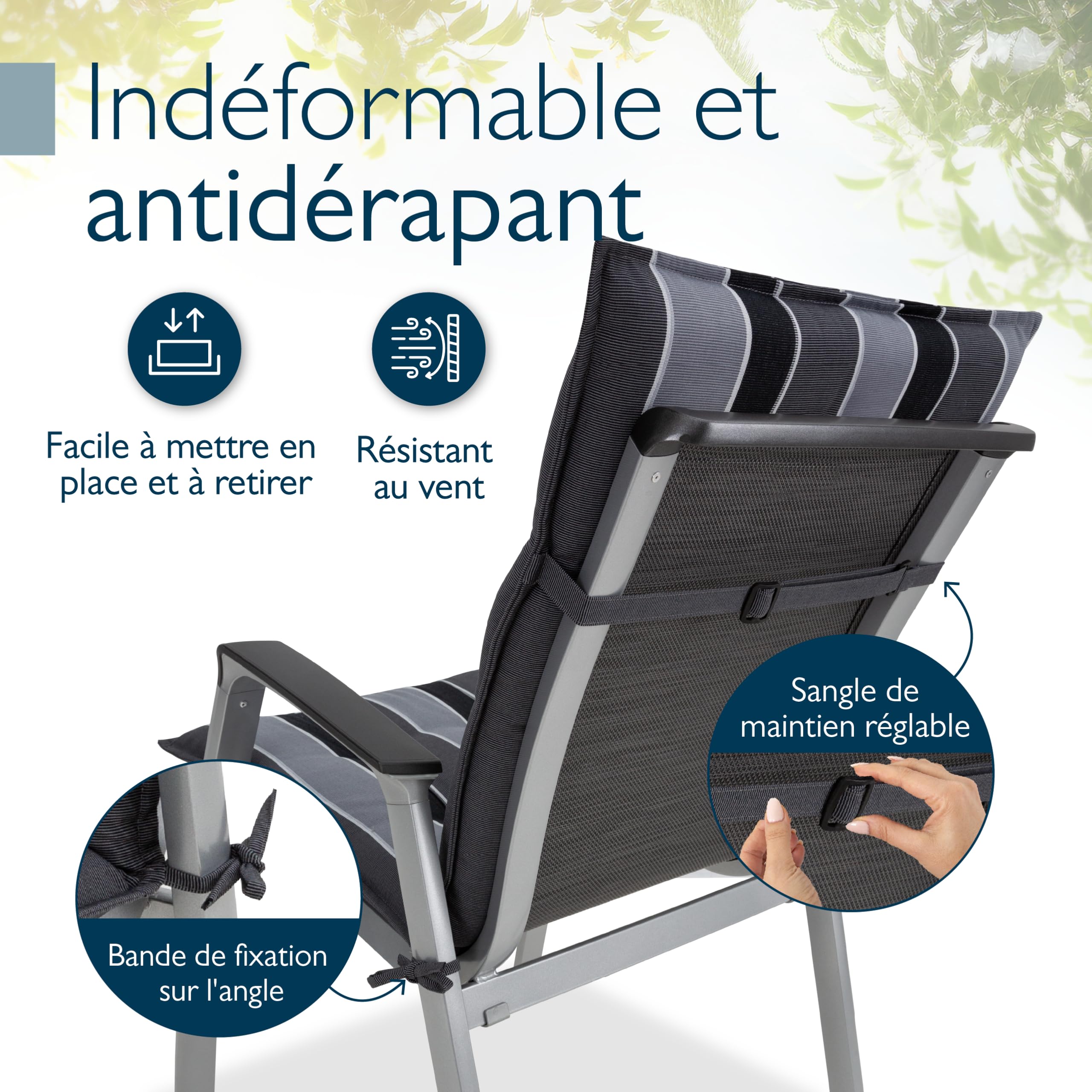 Beautissu 8X Premium Coussin Chaise Jardin Dossier Bas 100x50 cm Sun-NL – 8 cm Épaisseur Tissu Robuste Antidérapant & Résistance aux UV – Coussin Fauteuil avec Sangles Fixation Anthracite Rayé