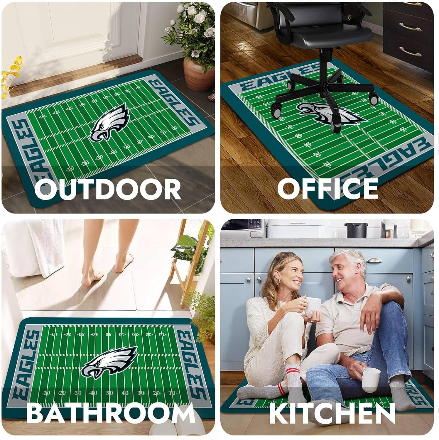 Football Field Design Entry Floor Mat,30" W x 18" H Green Gray Design Non-Slip Rubber Door Mat for Football Sports Fans, Home Decor Area Rug