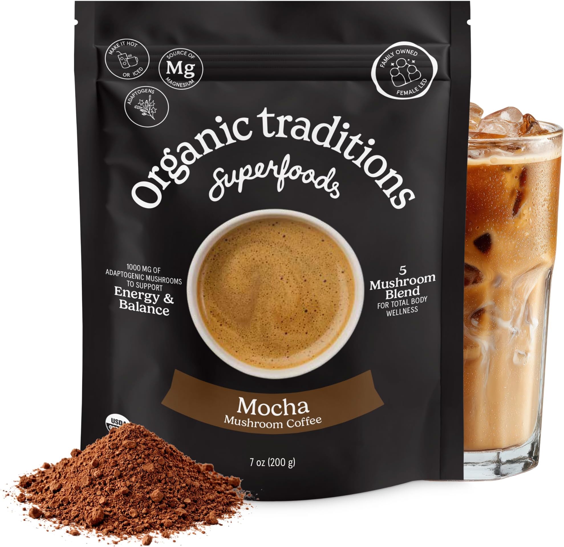 Organic Traditions Mocha Mushroom Coffee, Instant Coffee Blend with Cacao, Lion’s Mane, Chaga, Reishi, Cordyceps, Turkey Tail, Dairy Free Adaptogenic Superfoods to Support Energy and Focus, 200g / 7oz