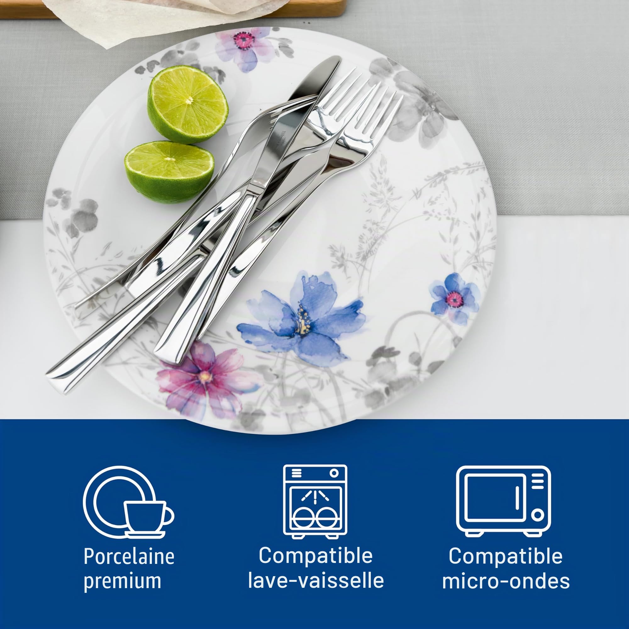 Villeroy & Boch - Mariefleur Gris Service de Table 12 Pièces Multicolore, Garanti Lave-Vaisselle, Compatible Micro-Ondes, Set de Dîner, Assiettes, Ensemble de Vaisselle, Porcelaine Haut de Gamme