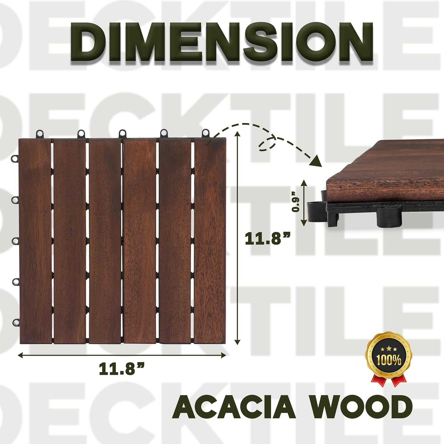 Acacia Wood Decking Tiles 9PCS - Easy Snap Interlocking Deck Tiles for Patio Poolside Balcony Decor - All Weather Waterproof Flooring for Indoor & Outdoor (Round Joints)