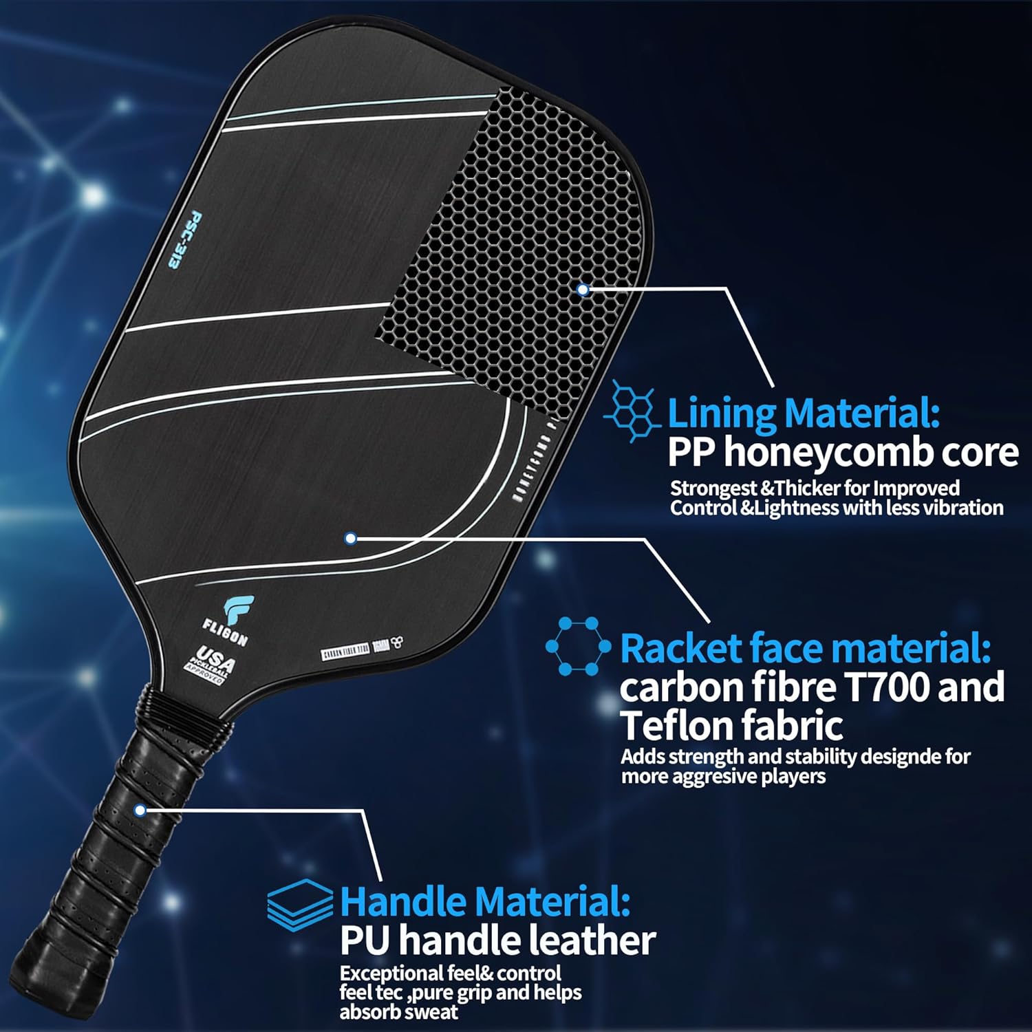 Pickleball Racquet T700 Raw Carbon Fiber Surface (CFS) Thermoformed Pickleball Paddles for high grit and Spin, USAPA approved16mm PP Honeycomb core with Pickleball Racket Cover (Thermoplastic Black)